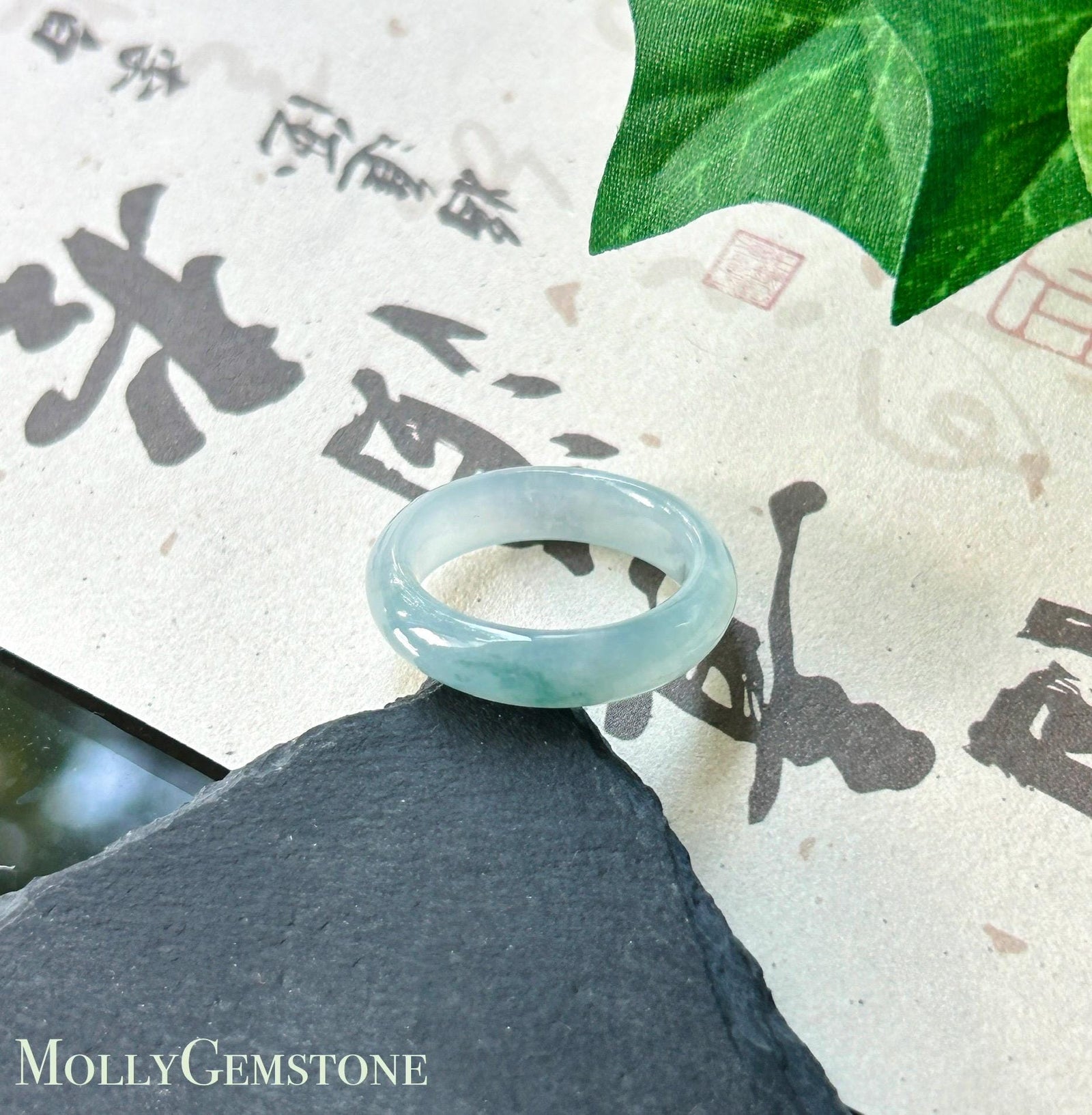 Natural Jadeite Ring Band | Burmese Type A Highly Translucent Icy Blue Base & Bluish Green Floral Jade | US Size 7