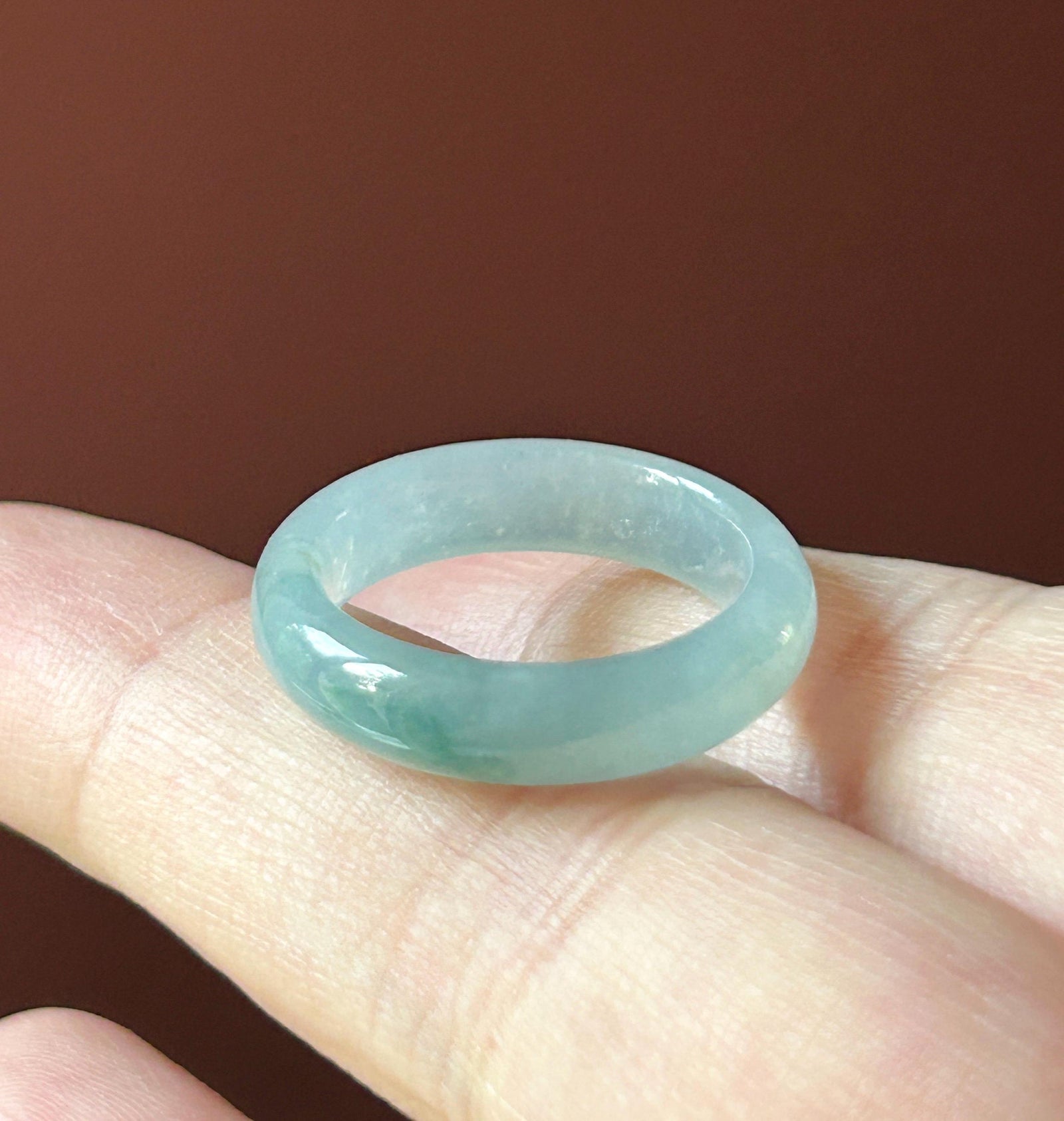 Natural Jadeite Ring Band | Burmese Type A Highly Translucent Icy Blue Base & Bluish Green Floral Jade | US Size 7