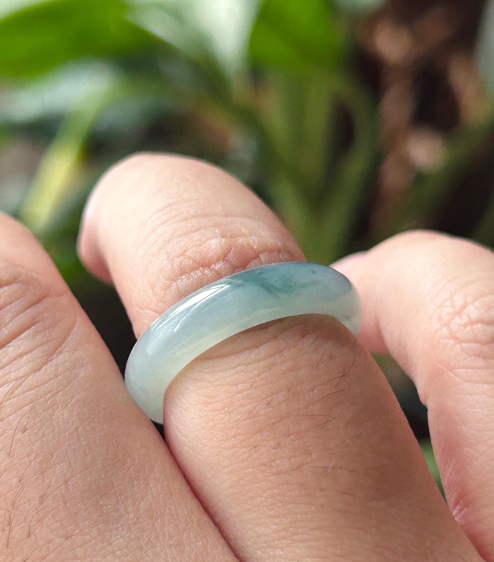 Natural Jadeite Ring Band | Burmese Type A Highly Translucent Icy Blue Base & Bluish Green Floral Jade | US Size 7