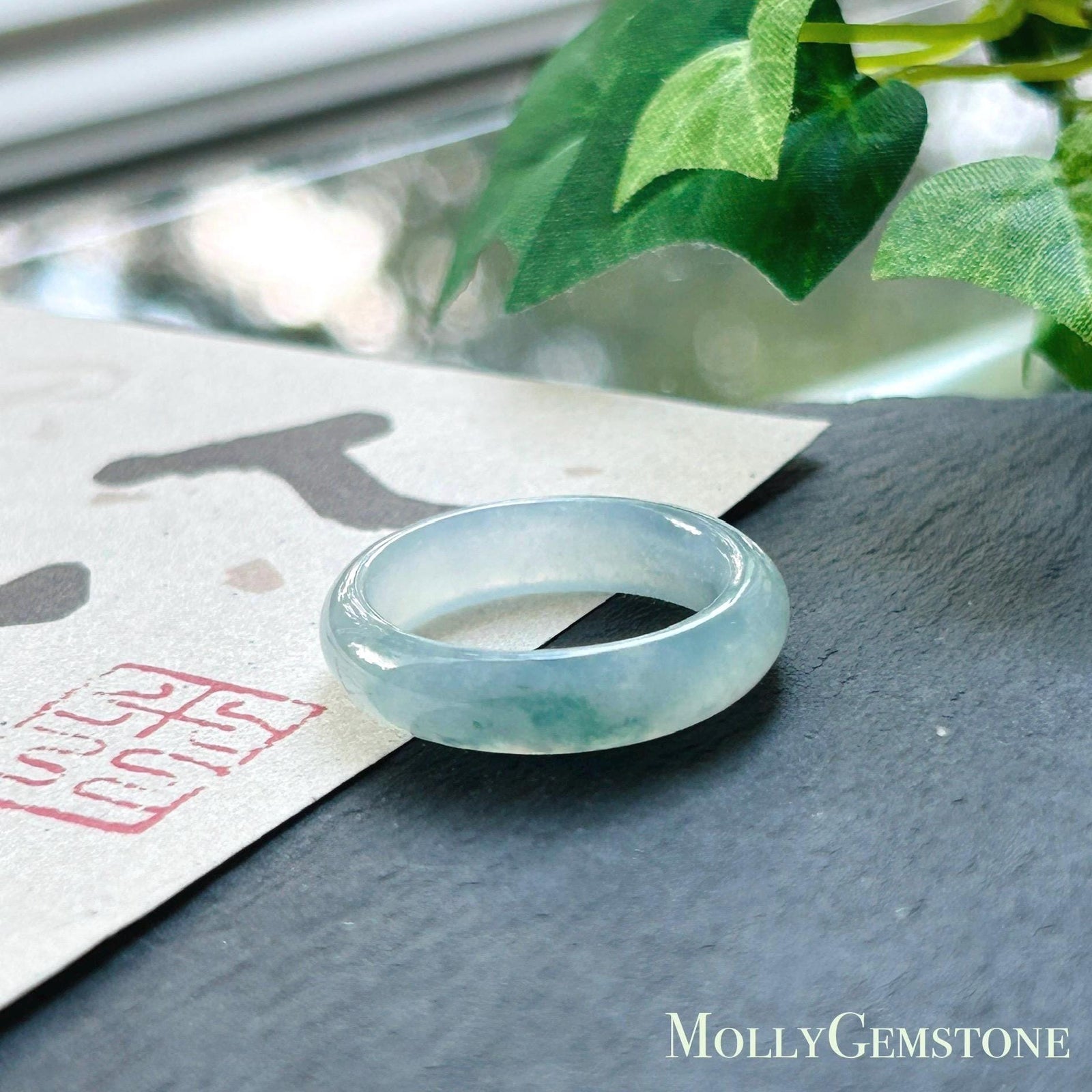 Natural Jadeite Ring Band | Burmese Type A Highly Translucent Icy Blue Base & Bluish Green Floral Jade | US Size 7