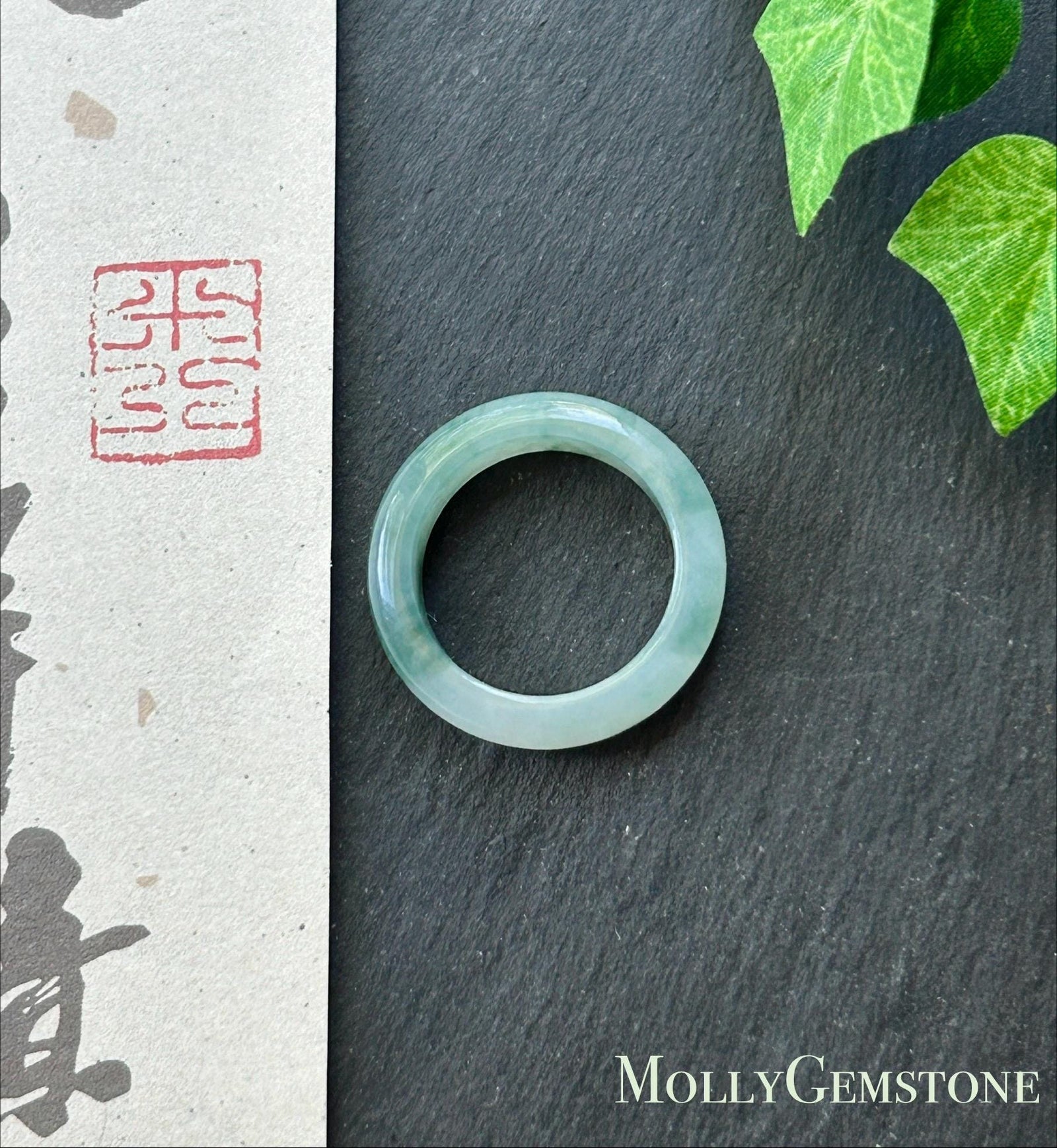 Natural Jadeite Ring Band | Burmese Type A Highly Translucent Icy White Base & Bluish Moss Green Floral Jade | US Size 9