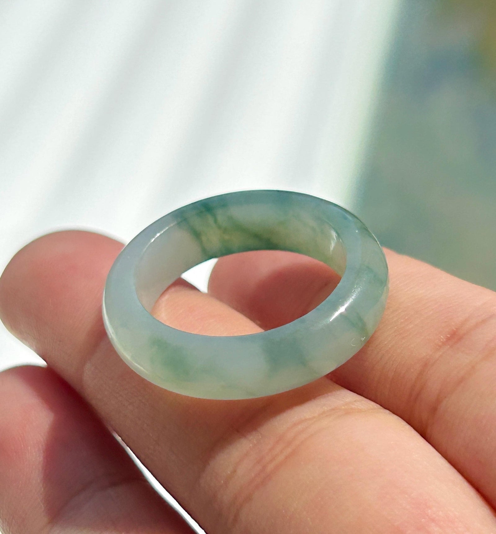 Natural Jadeite Ring Band | Burmese Type A Highly Translucent Icy White Base & Bluish Moss Green Floral Jade | US Size 9