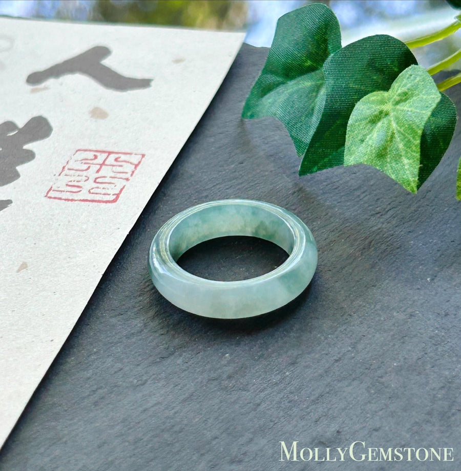 Natural Jadeite Ring Band | Burmese Type A Highly Translucent Icy White Base & Bluish Moss Green Floral Jade | US Size 9