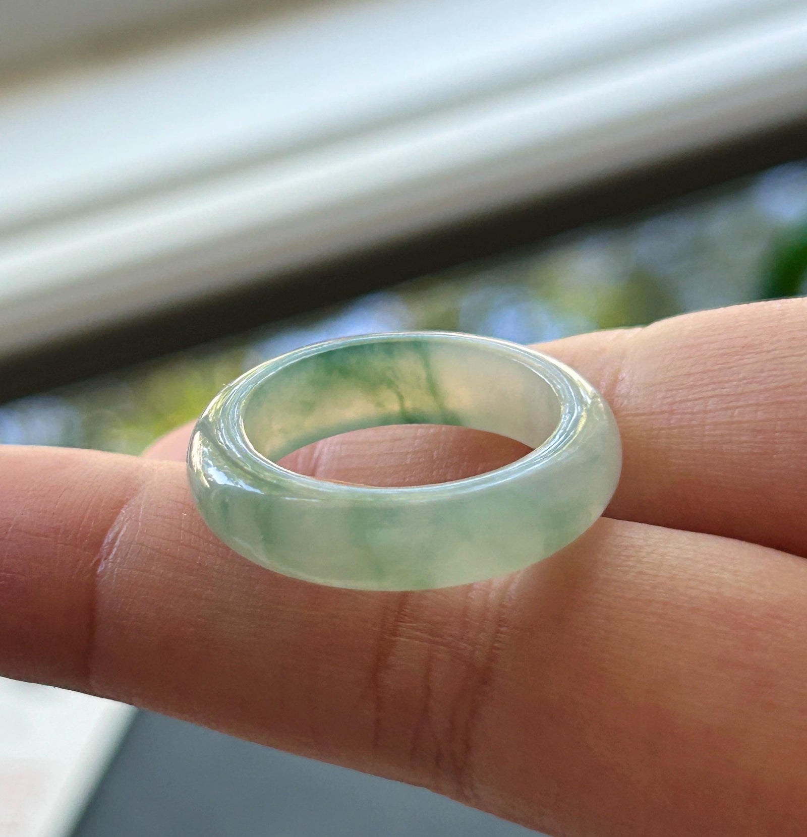 Natural Jadeite Ring Band | Burmese Type A Highly Translucent Icy White Base & Bluish Moss Green Floral Jade | US Size 9