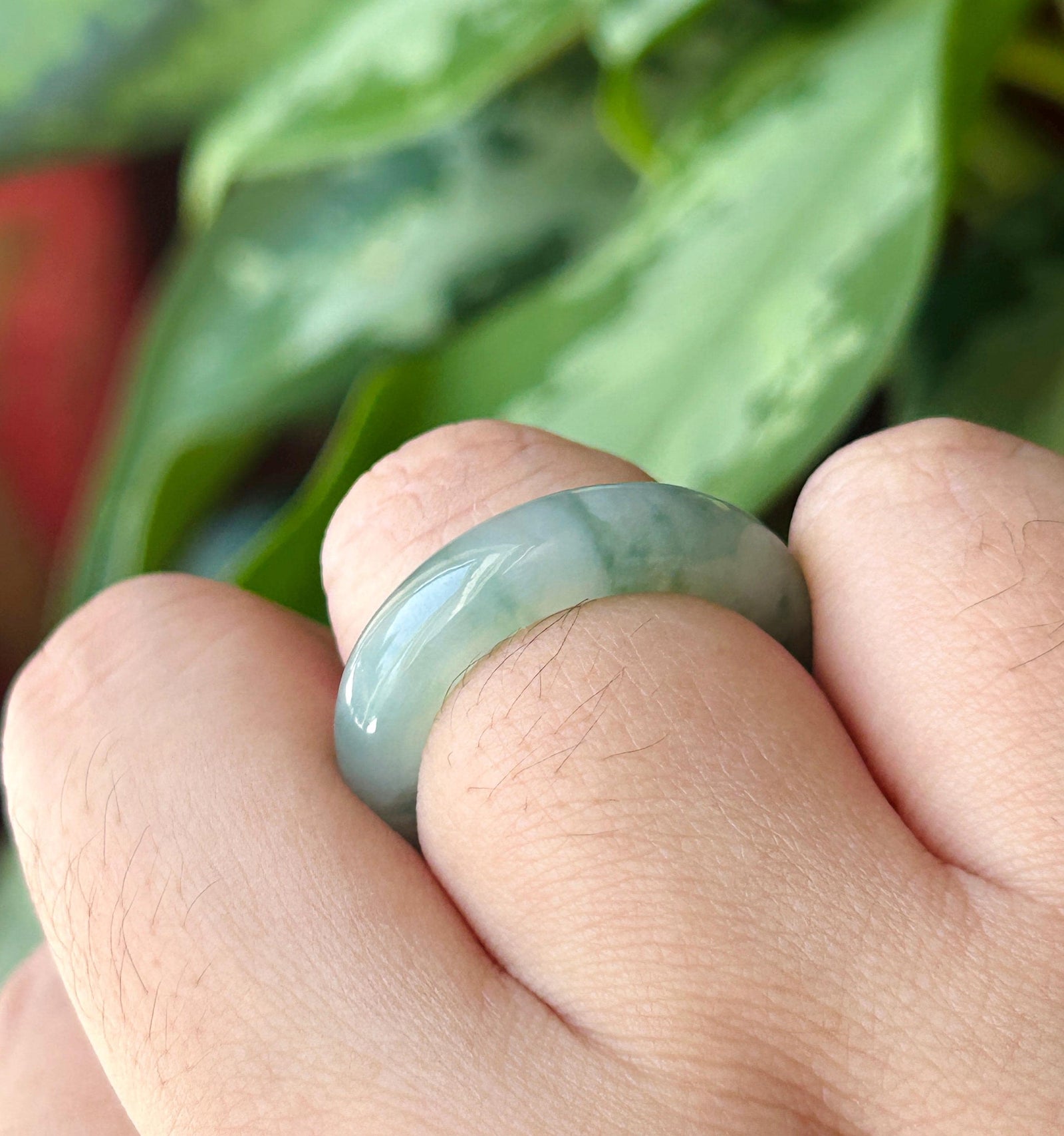 Natural Jadeite Ring Band | Burmese Type A Highly Translucent Icy White Base & Bluish Moss Green Floral Jade | US Size 9