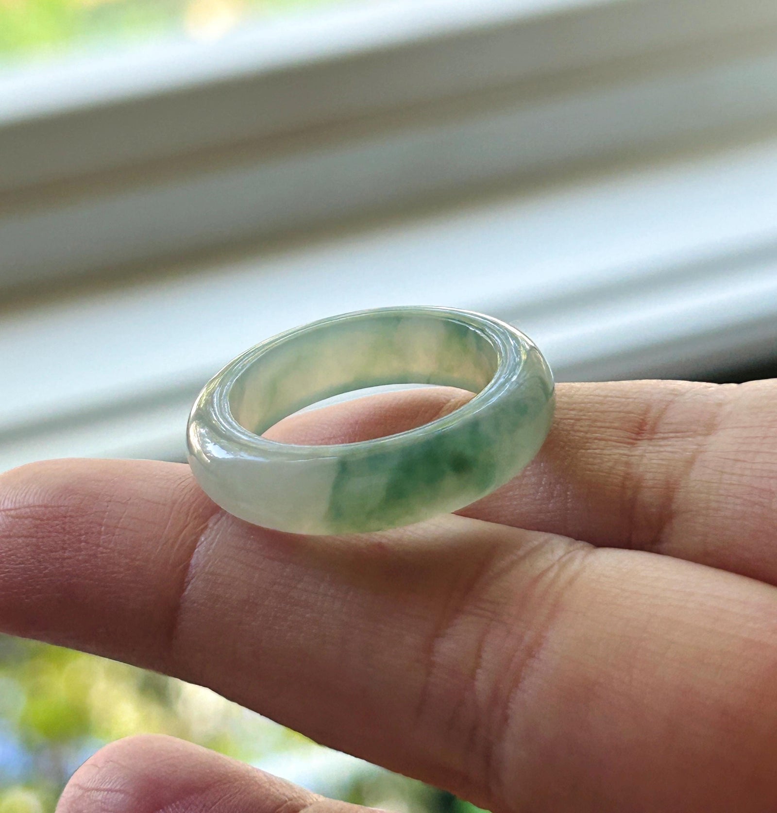 Natural Jadeite Ring Band | Burmese Type A Highly Translucent Icy White Base & Bluish Moss Green Floral Jade | US Size 9