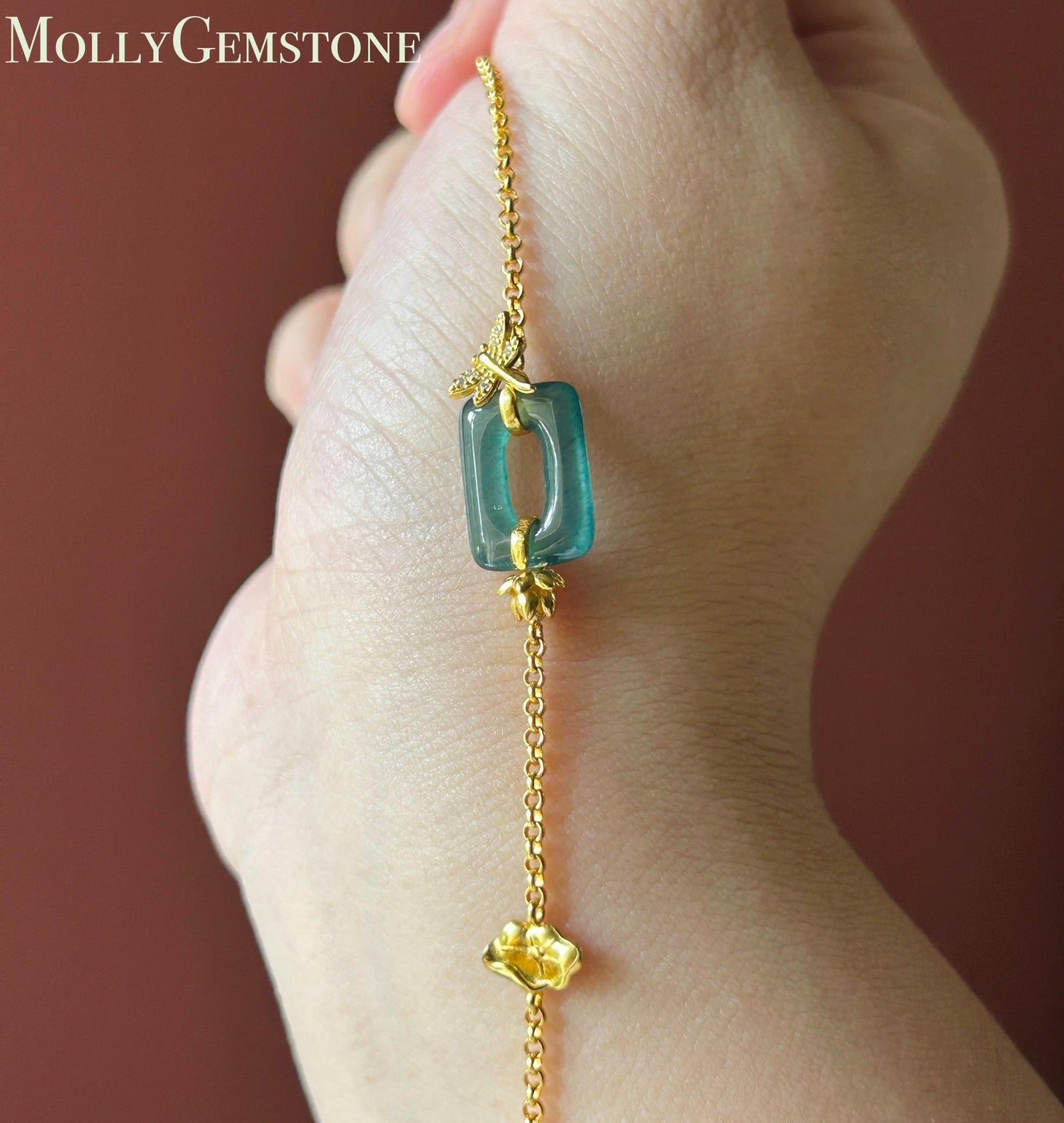 Natural Jadeite Lotus & Dragonfly Bracelet, Guatemalan Type A Highly Translucent Icy Teal Blue Jade in 18k Plated 925 Sterling Silver