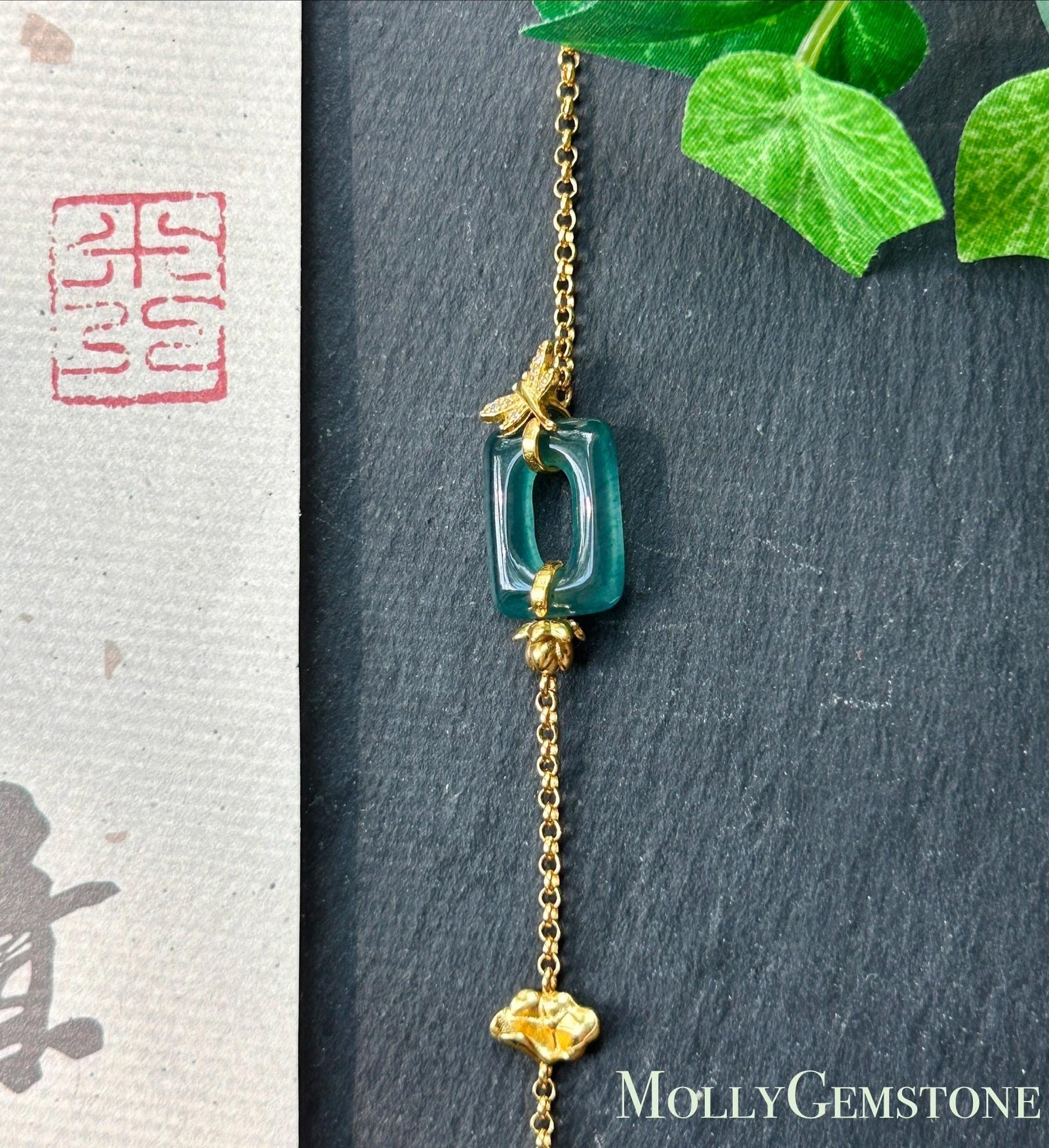 Natural Jadeite Lotus & Dragonfly Bracelet, Guatemalan Type A Highly Translucent Icy Teal Blue Jade in 18k Plated 925 Sterling Silver
