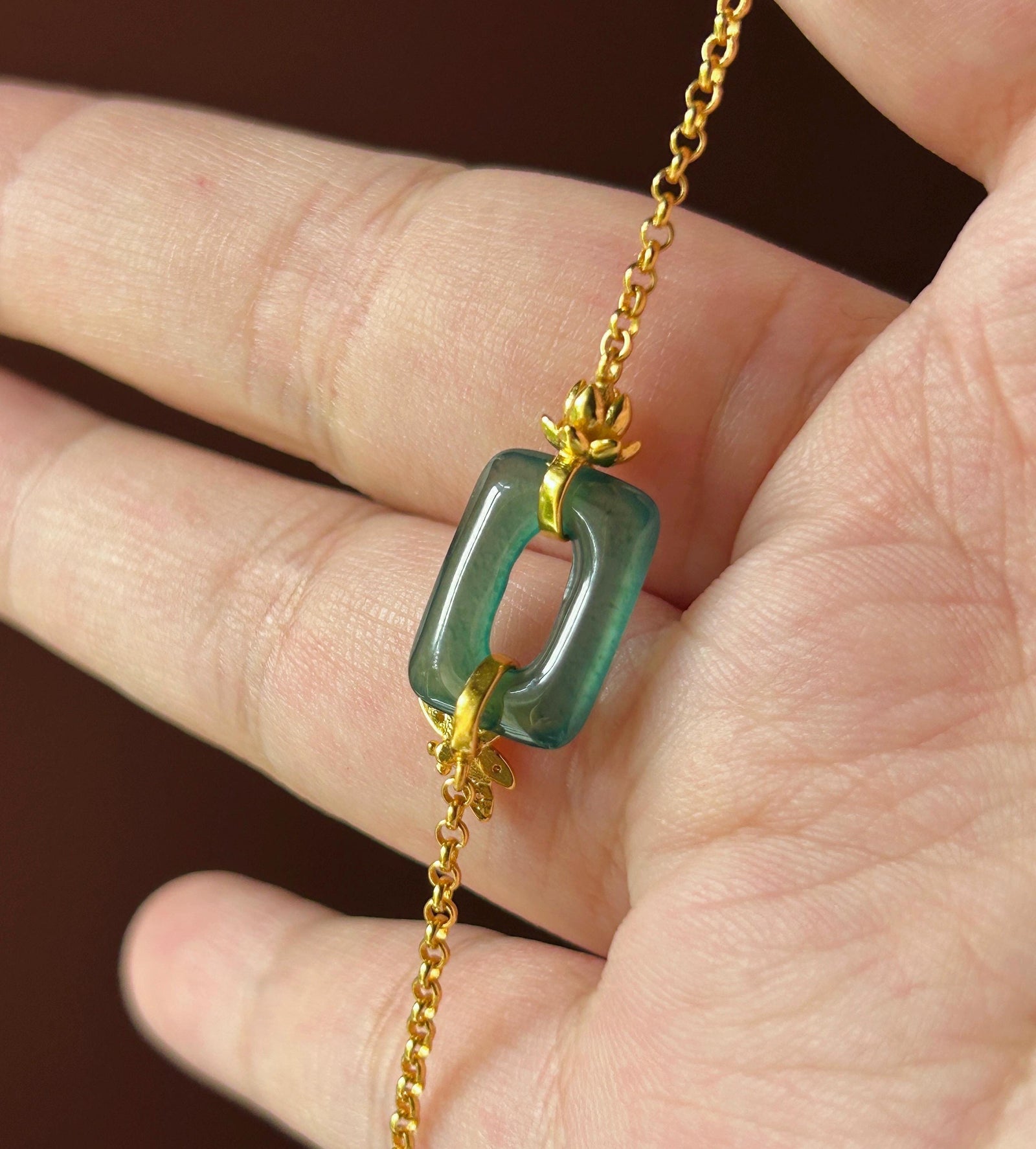 Natural Jadeite Lotus & Dragonfly Bracelet, Guatemalan Type A Highly Translucent Icy Teal Blue Jade in 18k Plated 925 Sterling Silver