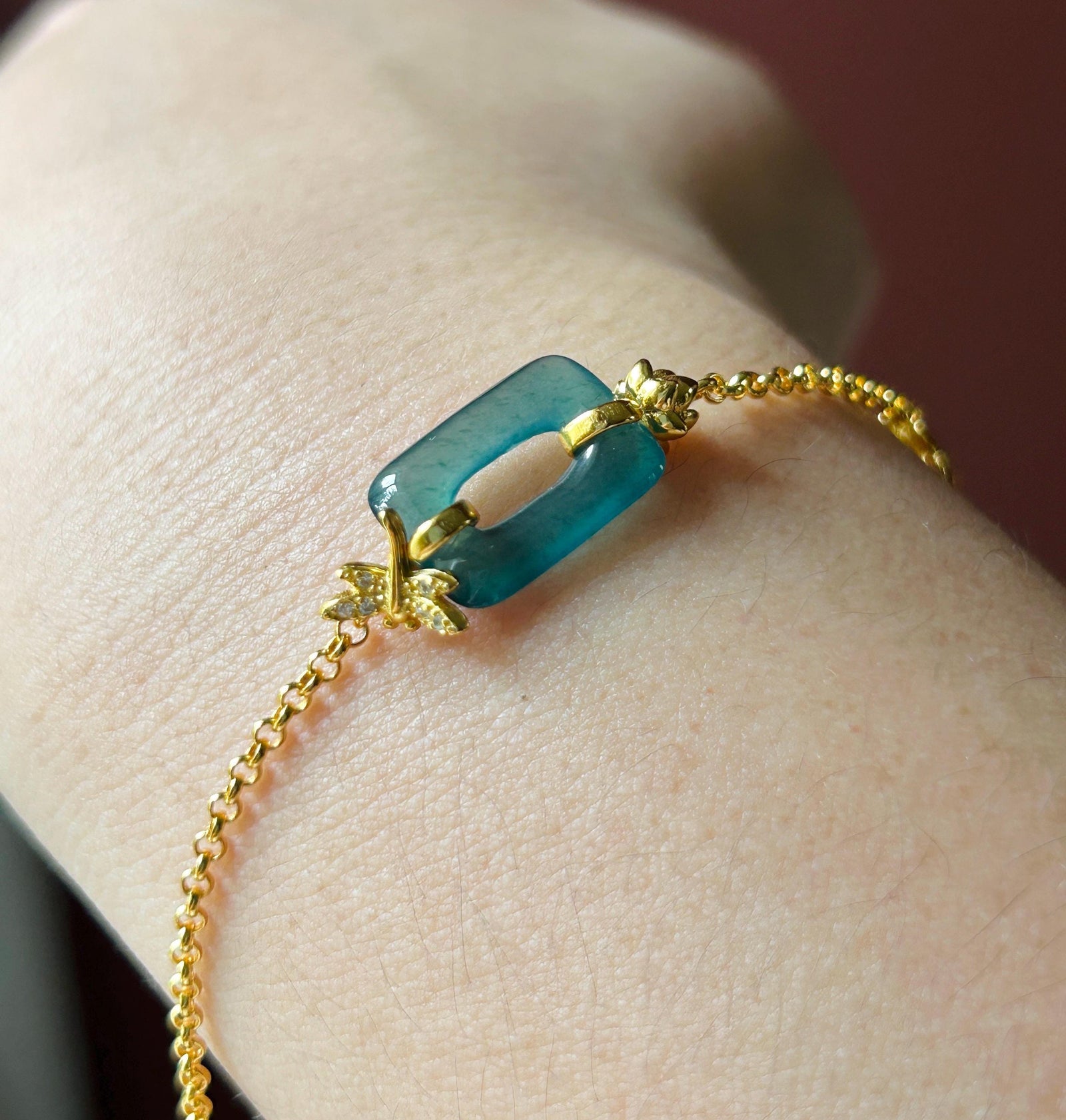 Natural Jadeite Lotus & Dragonfly Bracelet, Guatemalan Type A Highly Translucent Icy Teal Blue Jade in 18k Plated 925 Sterling Silver