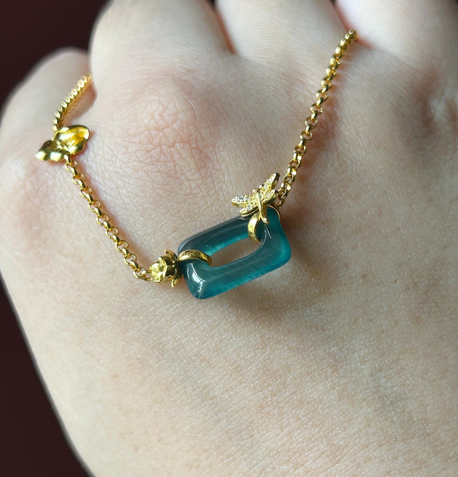 Natural Jadeite Lotus & Dragonfly Bracelet, Guatemalan Type A Highly Translucent Icy Teal Blue Jade in 18k Plated 925 Sterling Silver