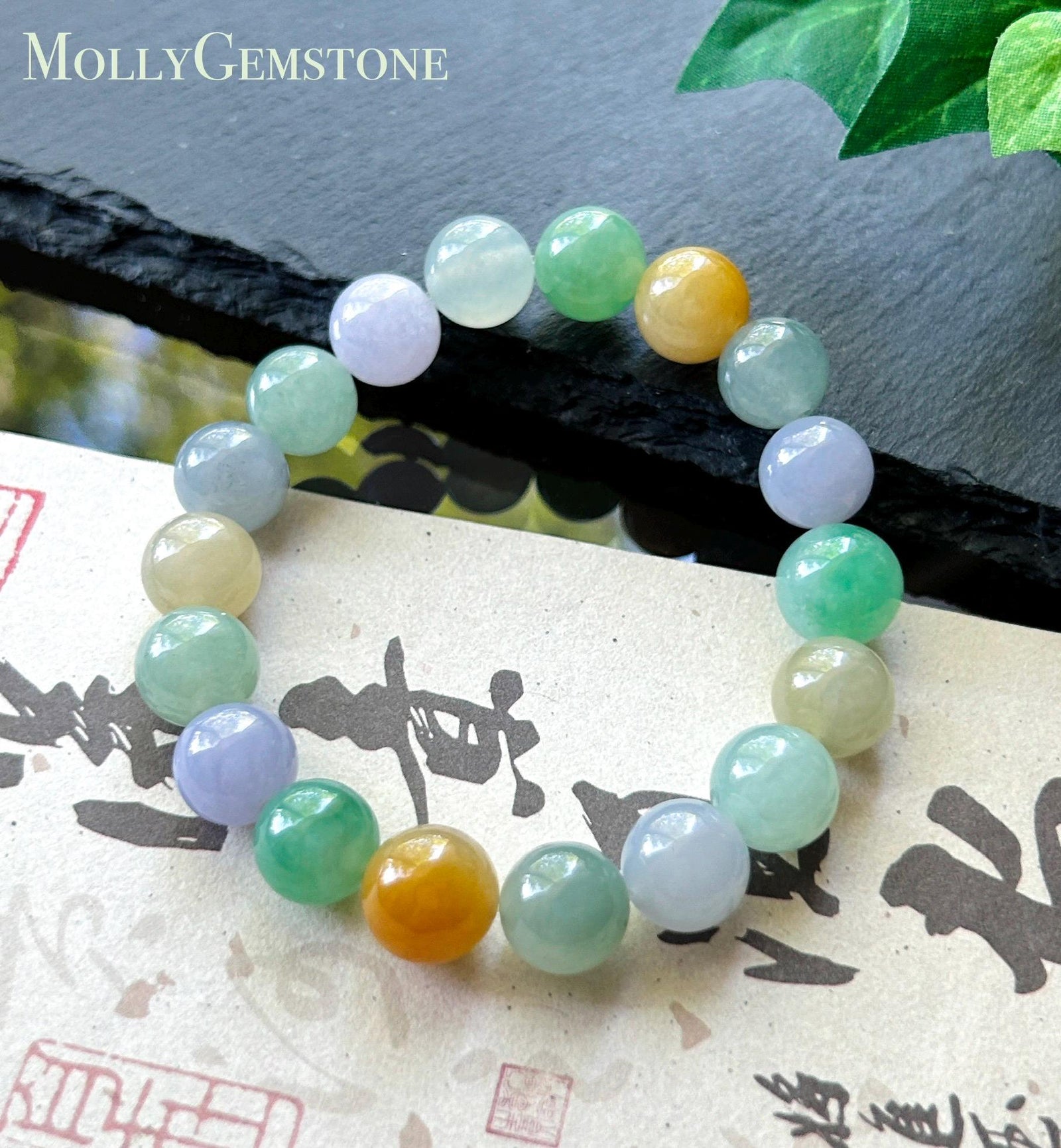 Natural Jadeite Beaded Bracelet, High-End Burmese Type A Icy Translucent Vivid Multicolor Fine Jade Beads, 10.2–10.9mm Duobao Bracelet