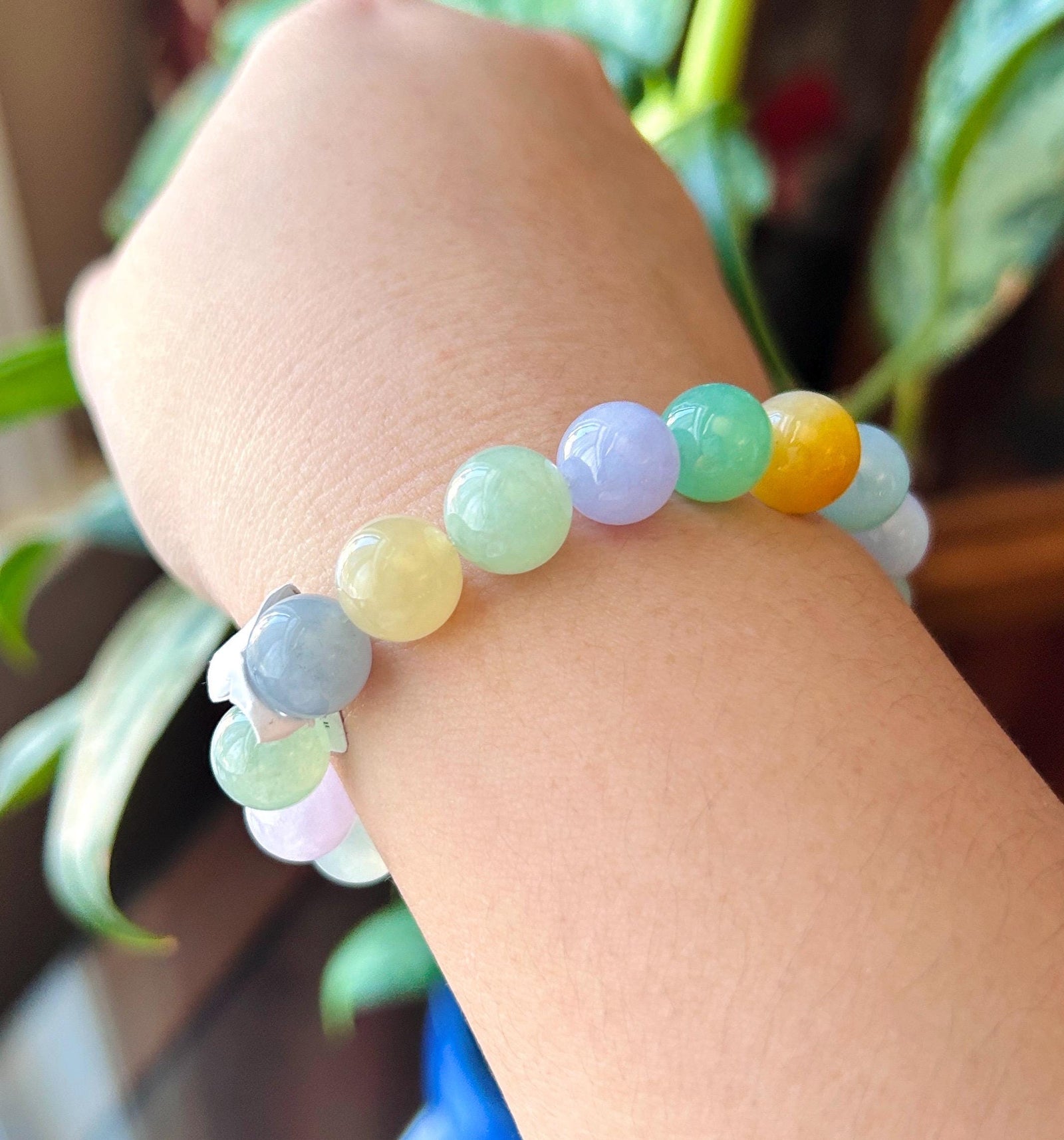 Natural Jadeite Beaded Bracelet, High-End Burmese Type A Icy Translucent Vivid Multicolor Fine Jade Beads, 10.2–10.9mm Duobao Bracelet