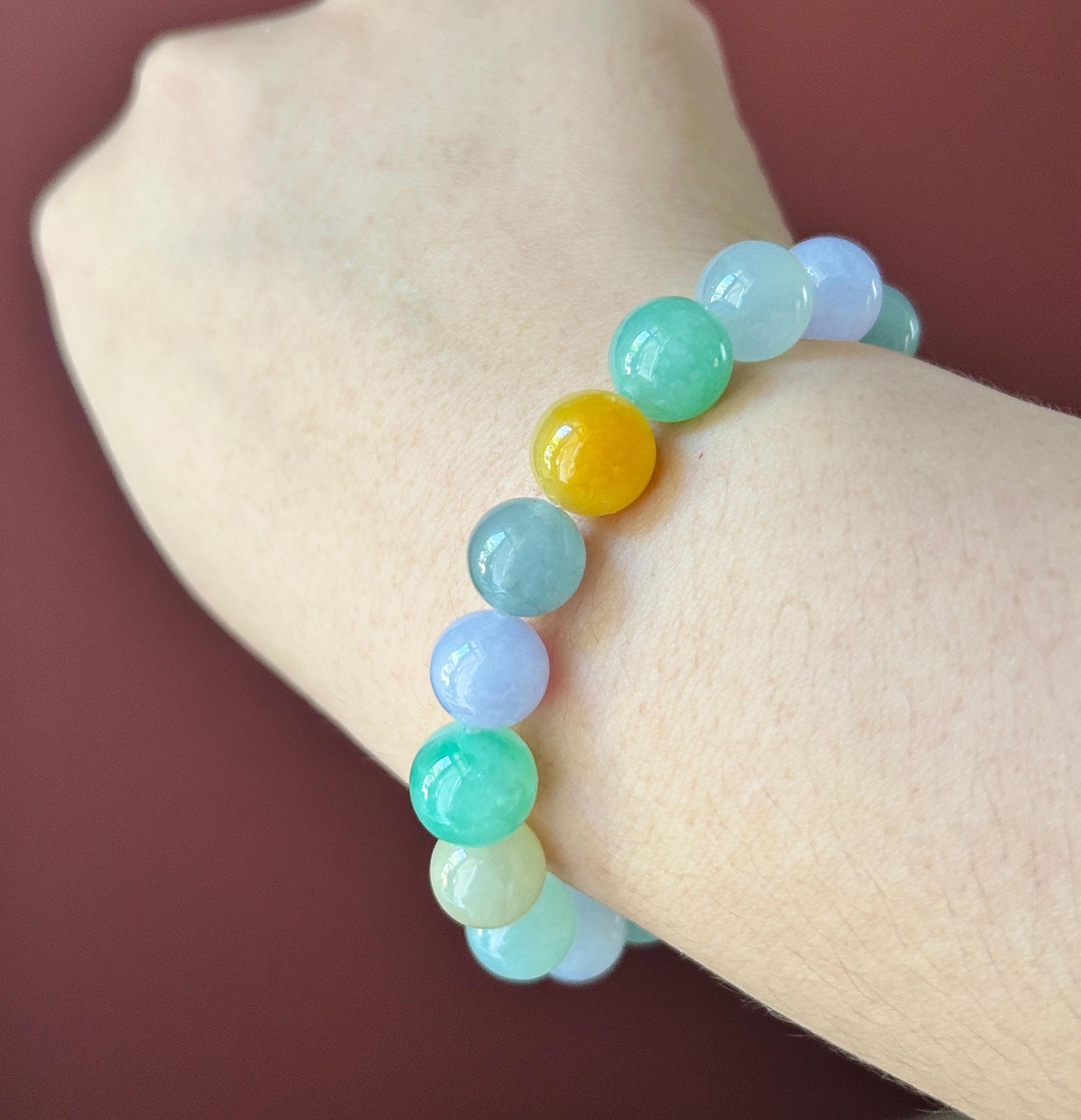 Natural Jadeite Beaded Bracelet, High-End Burmese Type A Icy Translucent Vivid Multicolor Fine Jade Beads, 10.2–10.9mm Duobao Bracelet