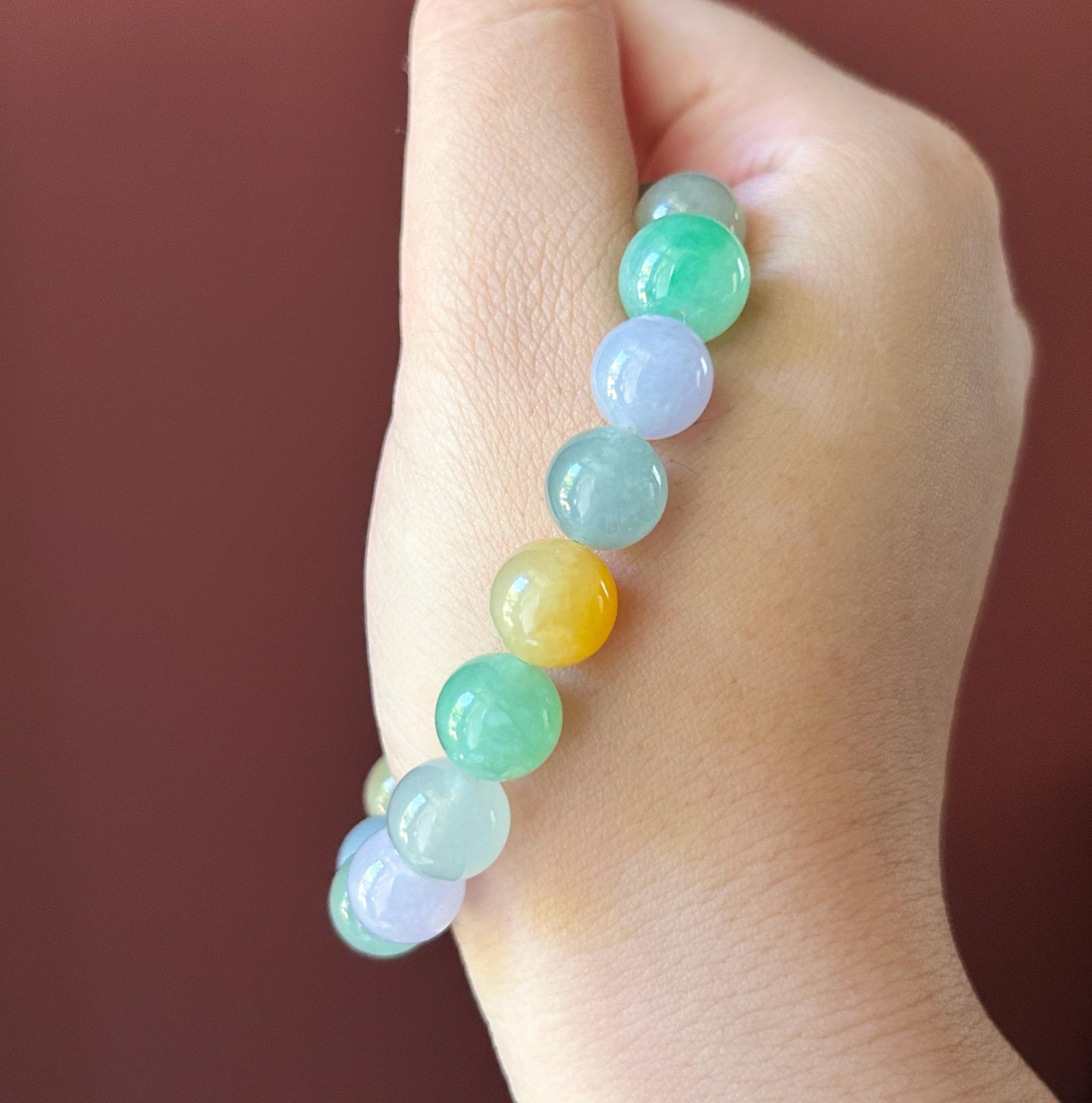 Natural Jadeite Beaded Bracelet, High-End Burmese Type A Icy Translucent Vivid Multicolor Fine Jade Beads, 10.2–10.9mm Duobao Bracelet