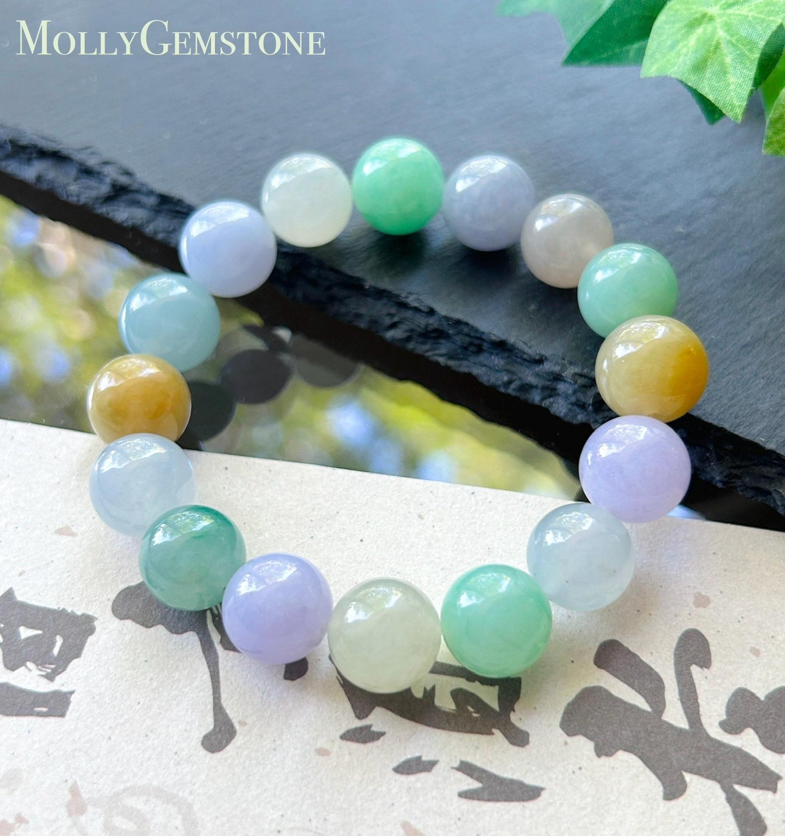 Natural Jadeite Beaded Bracelet, High-End Burmese Type A Icy Translucent Vivid Multicolor Fine Jade Beads, 12.2–12.9mm Duobao Bracelet