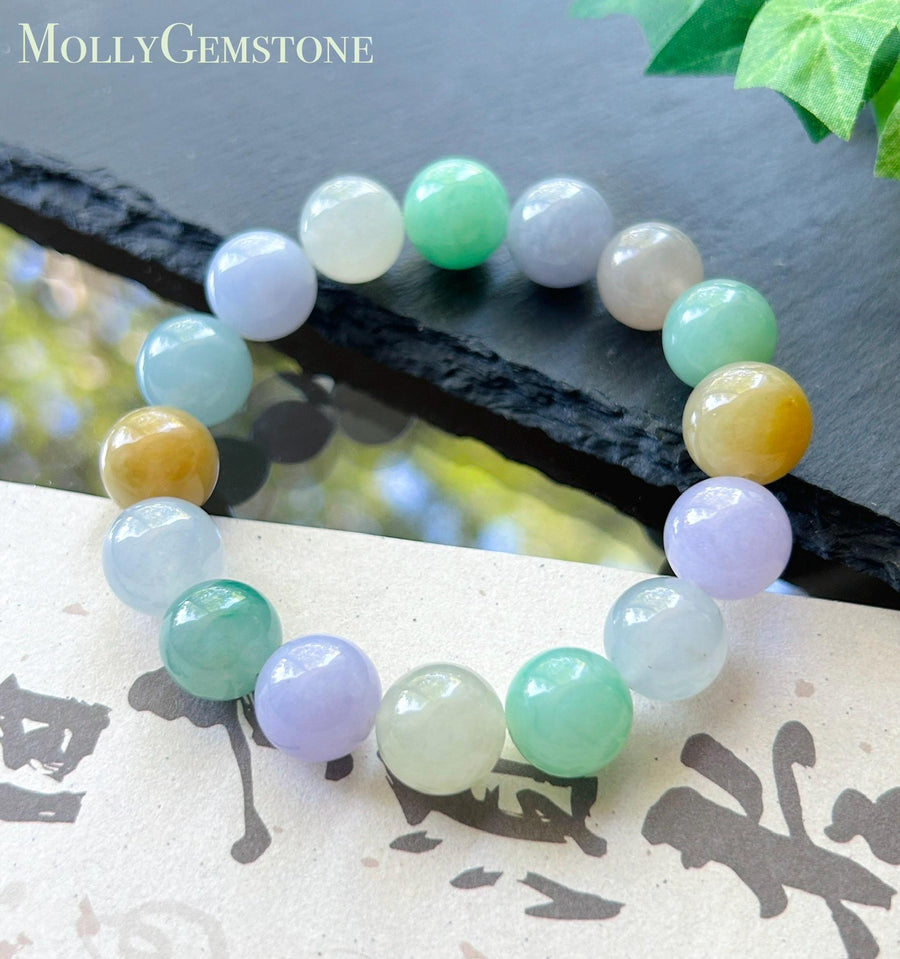 Natural Jadeite Beaded Bracelet, High-End Burmese Type A Icy Translucent Vivid Multicolor Fine Jade Beads, 12.2–12.9mm Duobao Bracelet