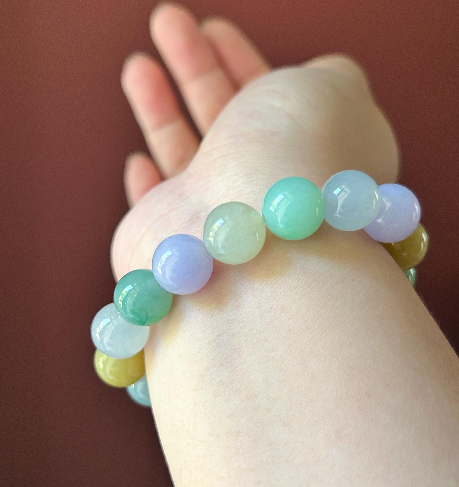 Natural Jadeite Beaded Bracelet, High-End Burmese Type A Icy Translucent Vivid Multicolor Fine Jade Beads, 12.2–12.9mm Duobao Bracelet