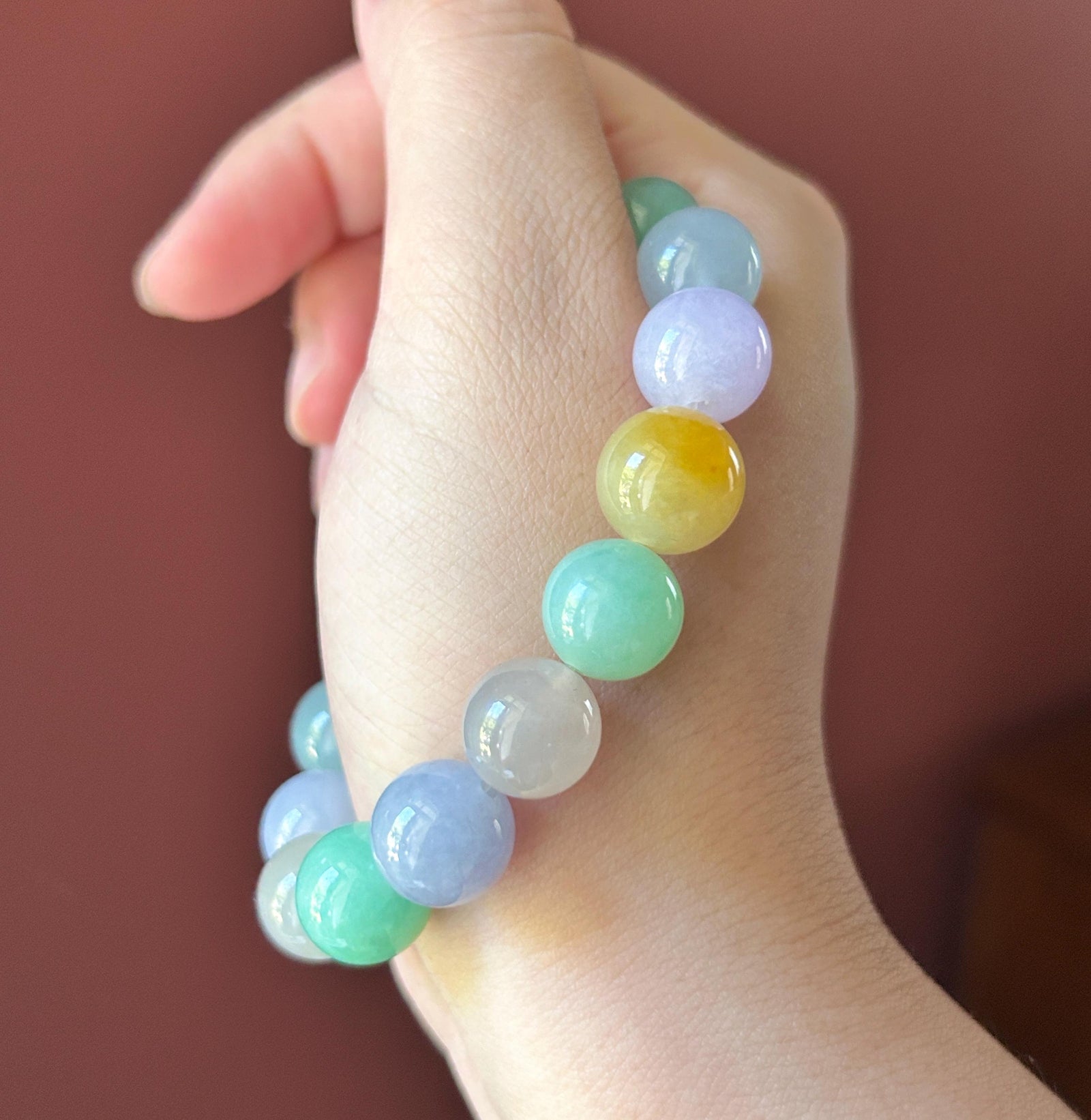 Natural Jadeite Beaded Bracelet, High-End Burmese Type A Icy Translucent Vivid Multicolor Fine Jade Beads, 12.2–12.9mm Duobao Bracelet