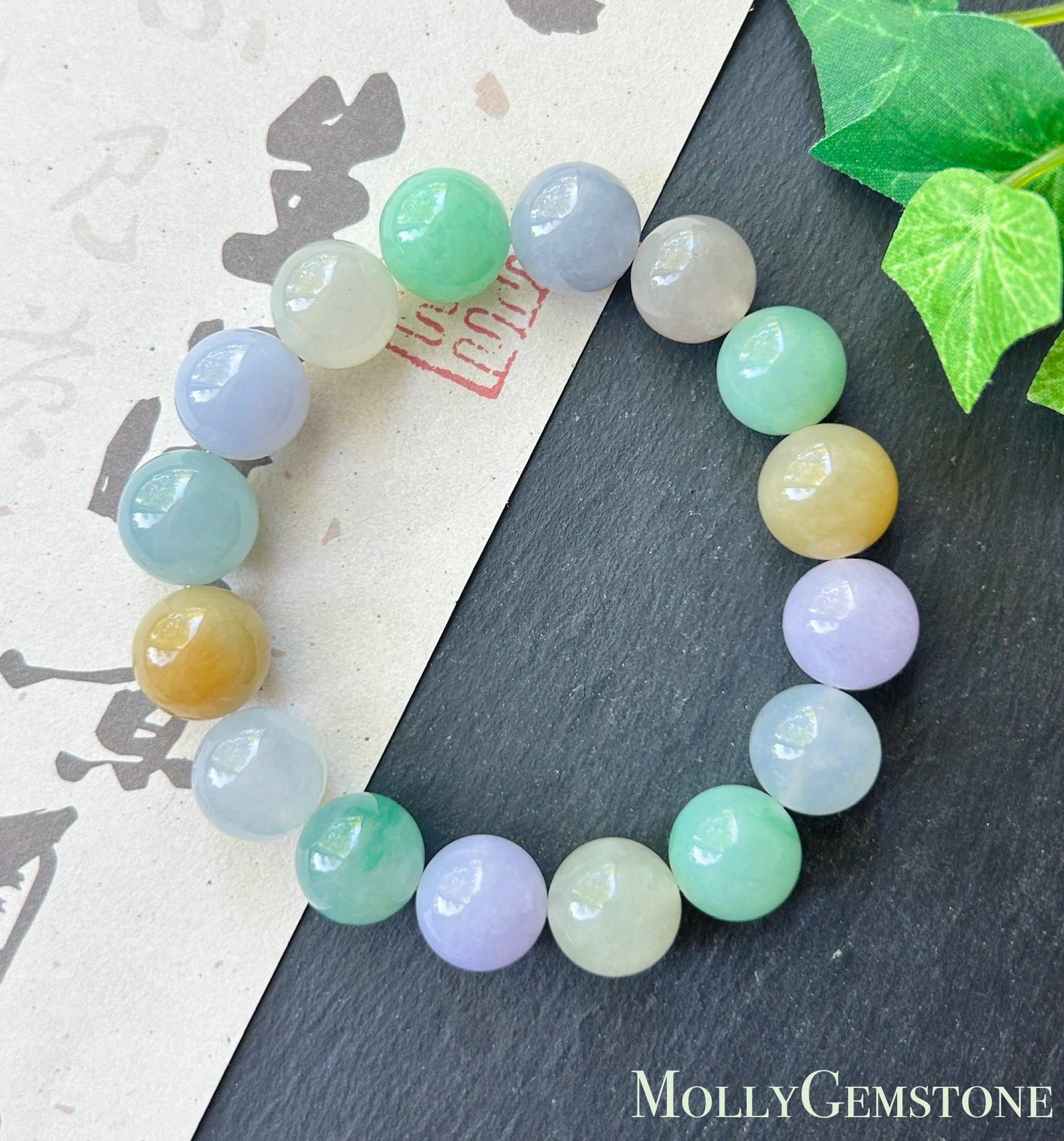 Natural Jadeite Beaded Bracelet, High-End Burmese Type A Icy Translucent Vivid Multicolor Fine Jade Beads, 12.2–12.9mm Duobao Bracelet