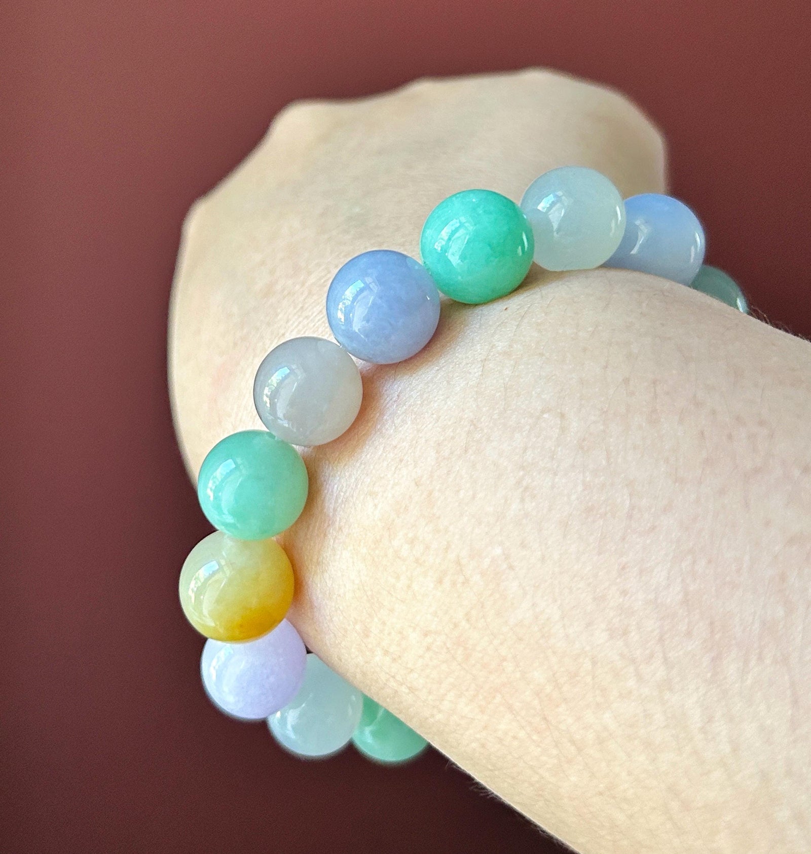 Natural Jadeite Beaded Bracelet, High-End Burmese Type A Icy Translucent Vivid Multicolor Fine Jade Beads, 12.2–12.9mm Duobao Bracelet