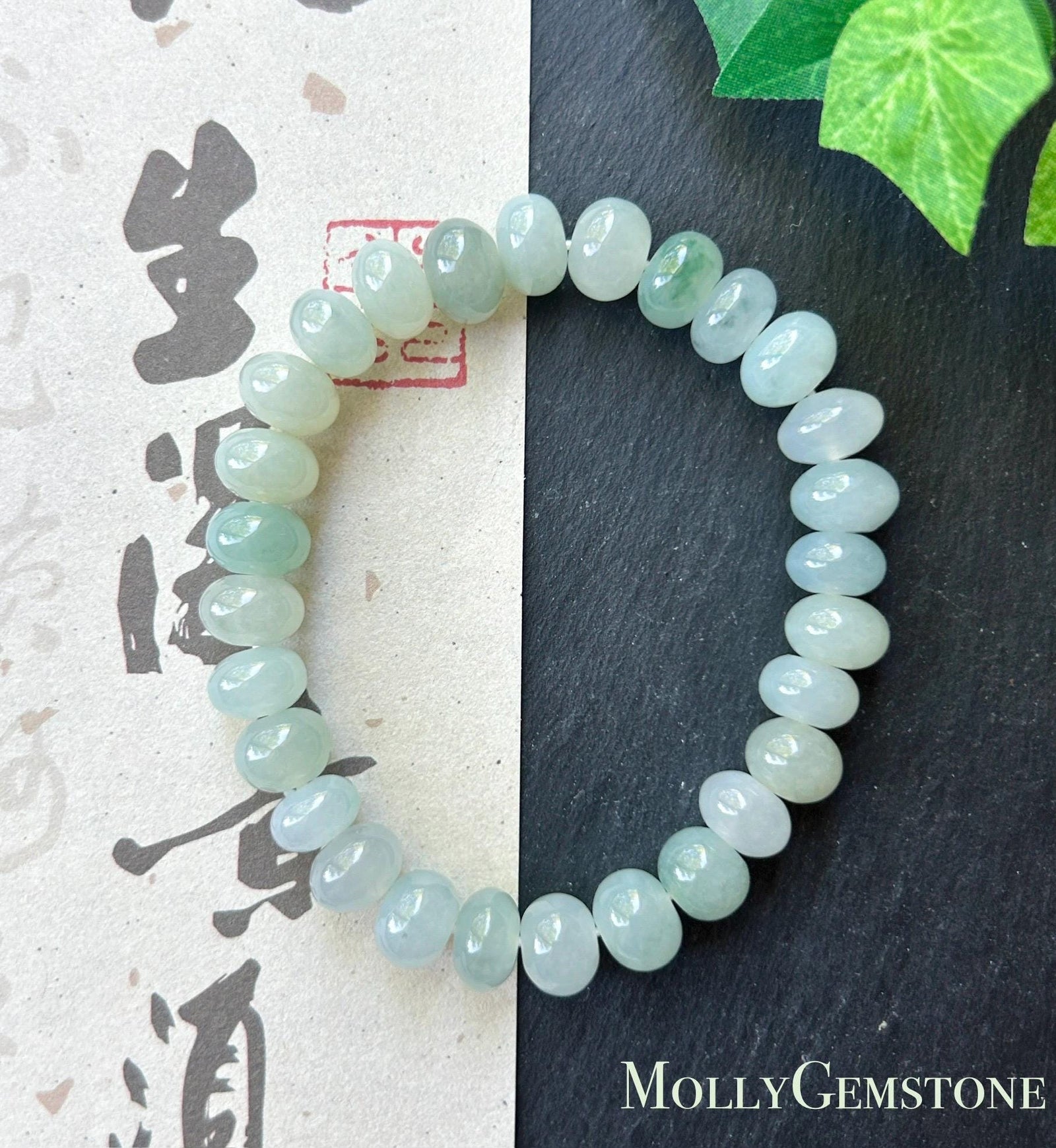 Natural Jadeite Beaded Bracelet, Burmese Type A Untreated Translucent Icy Glutinous Pastel Blue/Green Jade, 9mm