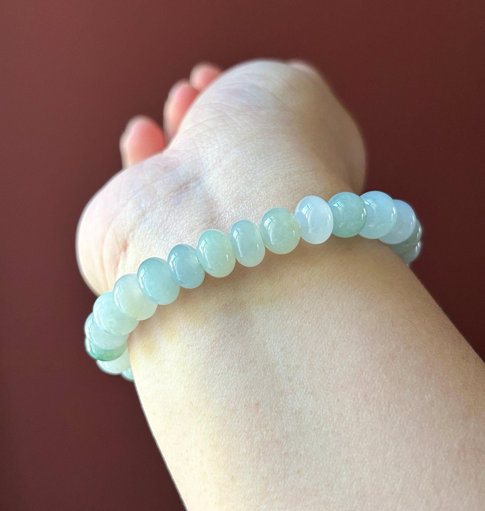 Natural Jadeite Beaded Bracelet, Burmese Type A Untreated Translucent Icy Glutinous Pastel Blue/Green Jade, 9mm