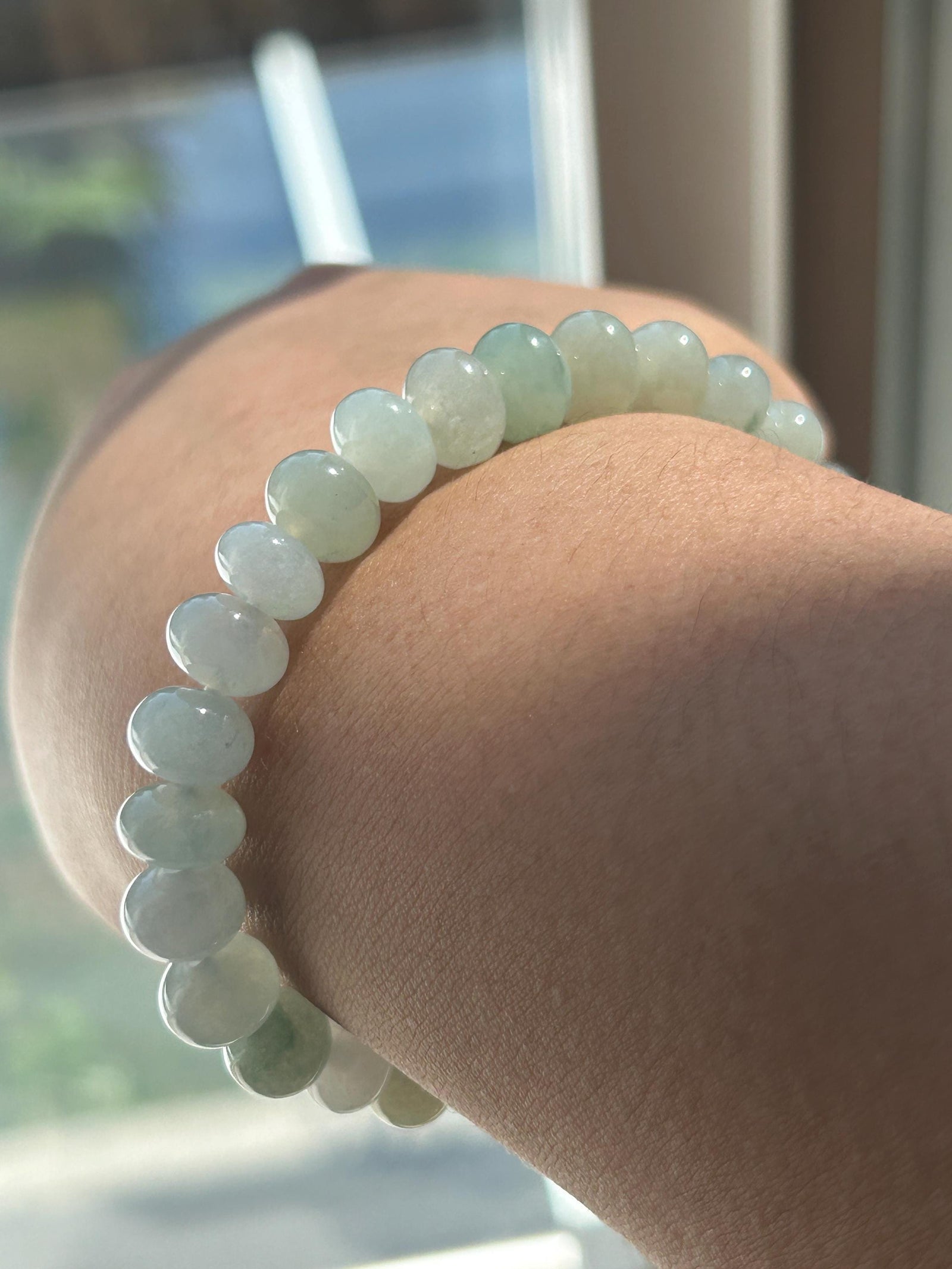 Natural Jadeite Beaded Bracelet, Burmese Type A Untreated Translucent Icy Glutinous Pastel Blue/Green Jade, 9mm