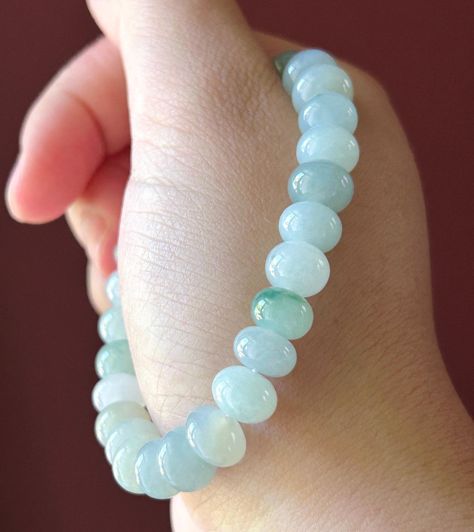 Natural Jadeite Beaded Bracelet, Burmese Type A Untreated Translucent Icy Glutinous Pastel Blue/Green Jade, 9mm