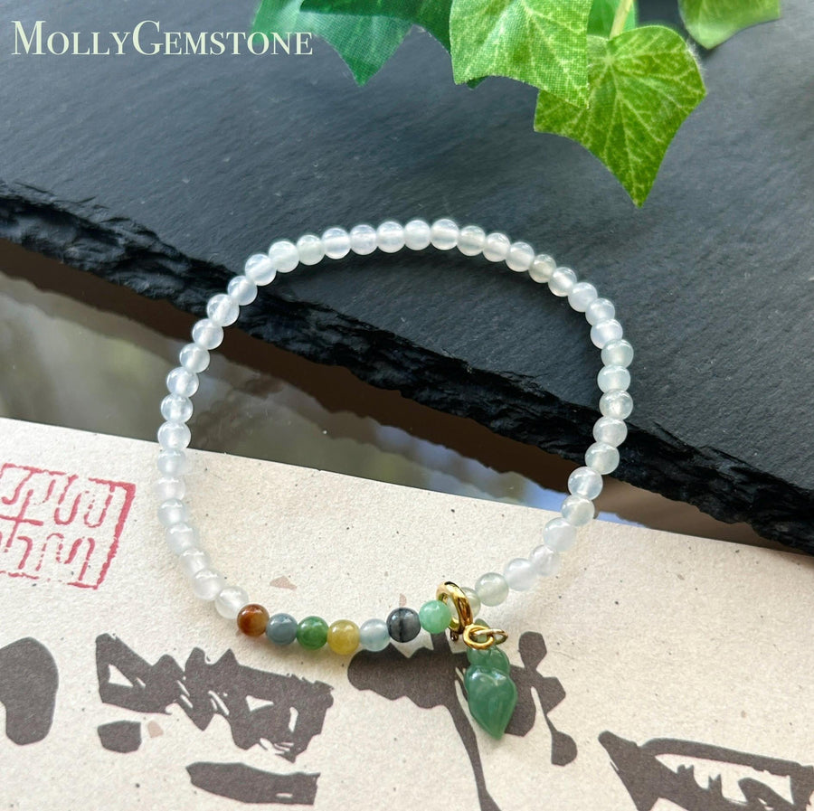 Natural Jadeite Beaded Bracelet – Burmese Type A Highly Translucent Icy Moonlight White Jade with Rainbow Focal, 3.6mm, Minimalist Jewelry
