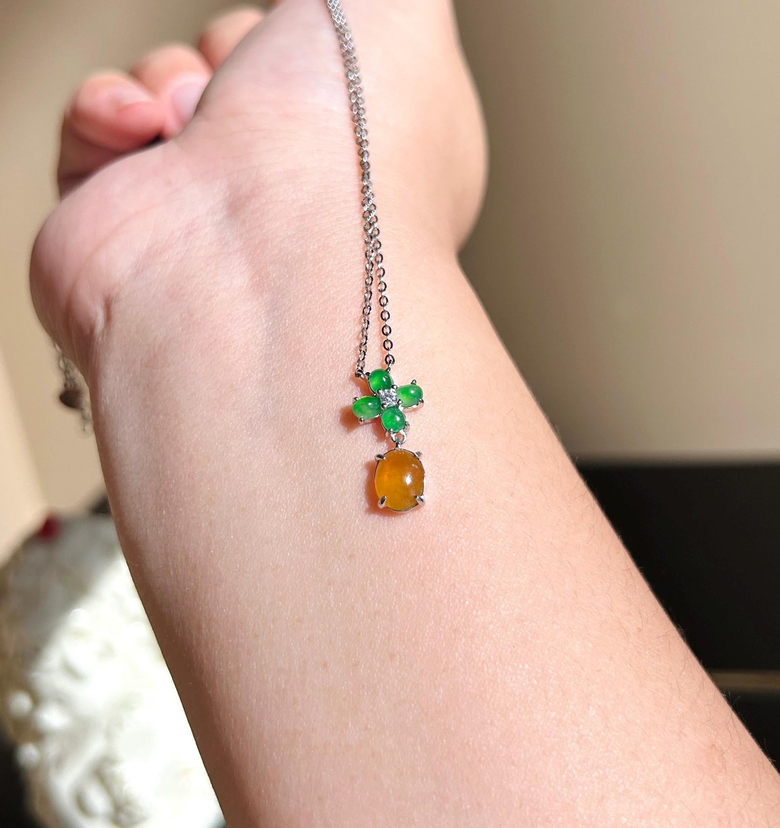 Certified Natural Jadeite Cabochon Designer Necklace, Burmese Type A Highly Translucent Icy Vivid Yellow & Green Jade, 925 Sterling Silver