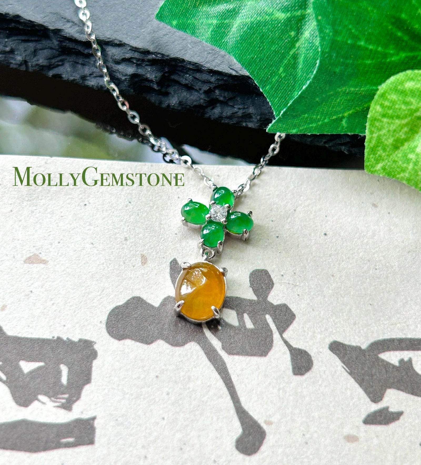 Certified Natural Jadeite Cabochon Designer Necklace, Burmese Type A Highly Translucent Icy Vivid Yellow & Green Jade, 925 Sterling Silver