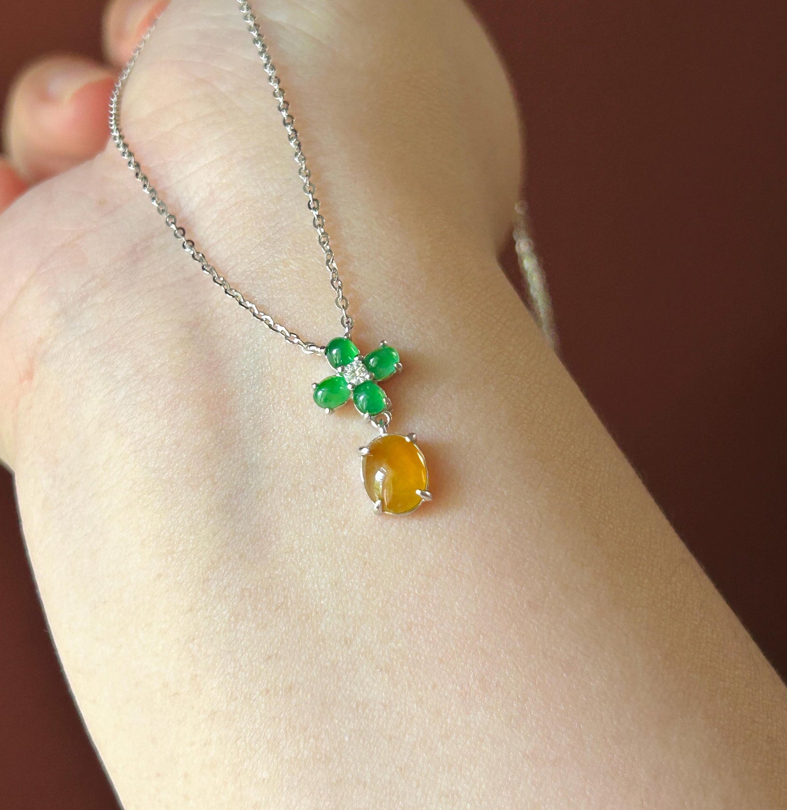 Certified Natural Jadeite Cabochon Designer Necklace, Burmese Type A Highly Translucent Icy Vivid Yellow & Green Jade, 925 Sterling Silver