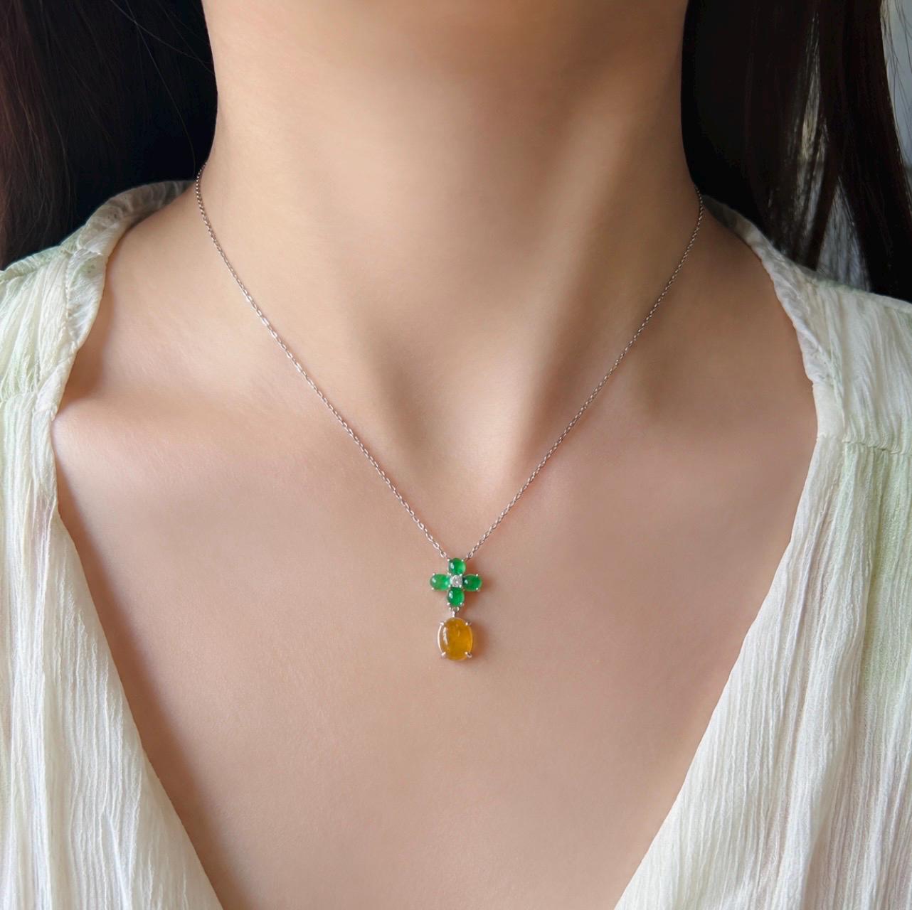Certified Natural Jadeite Cabochon Designer Necklace, Burmese Type A Highly Translucent Icy Vivid Yellow & Green Jade, 925 Sterling Silver