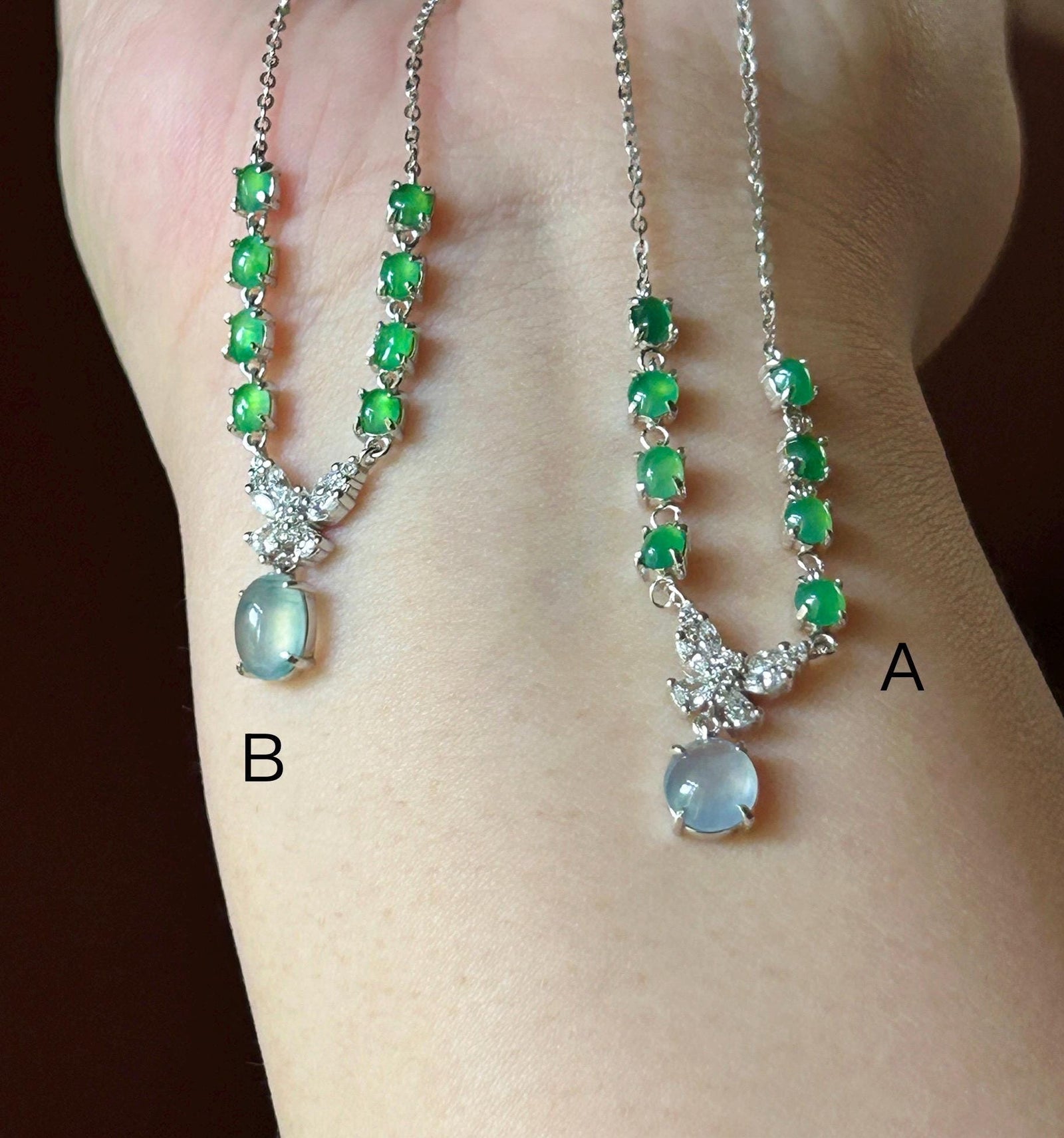 Certified Natural Jadeite Cabochon Designer Necklace, Burmese Type A Highly Translucent Icy Glacier Blue & Green Jade, 925 Sterling Silver