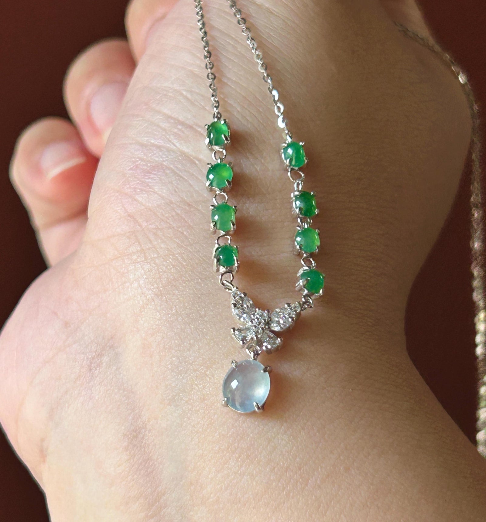 Certified Natural Jadeite Cabochon Designer Necklace, Burmese Type A Highly Translucent Icy Glacier Blue & Green Jade, 925 Sterling Silver