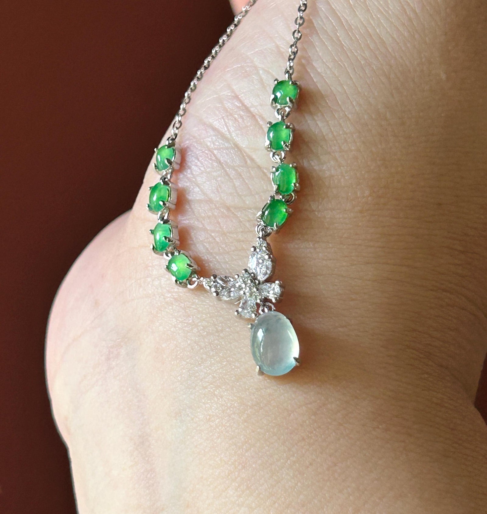 Certified Natural Jadeite Cabochon Designer Necklace, Burmese Type A Highly Translucent Icy Glacier Blue & Green Jade, 925 Sterling Silver