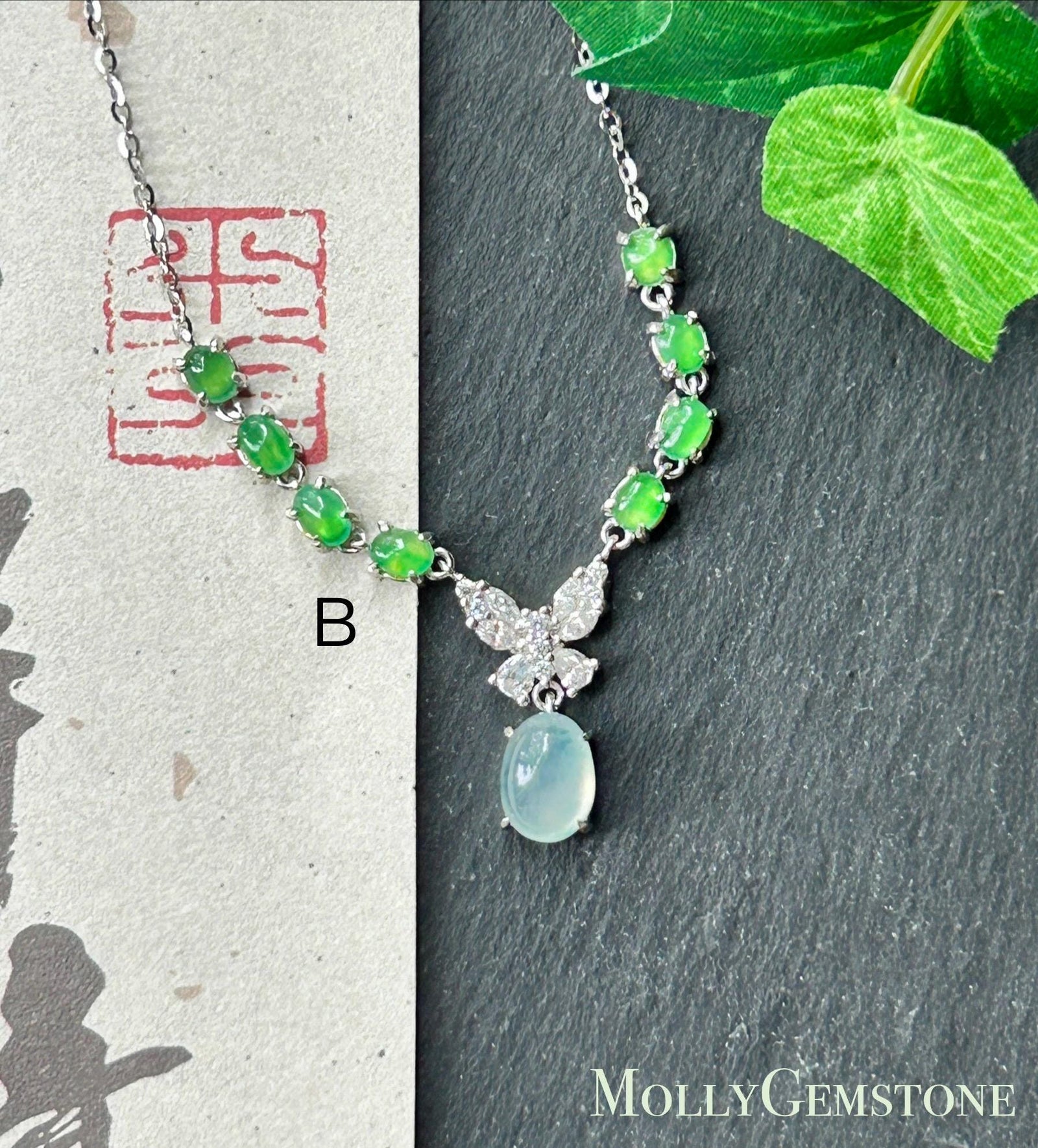 Certified Natural Jadeite Cabochon Designer Necklace, Burmese Type A Highly Translucent Icy Glacier Blue & Green Jade, 925 Sterling Silver