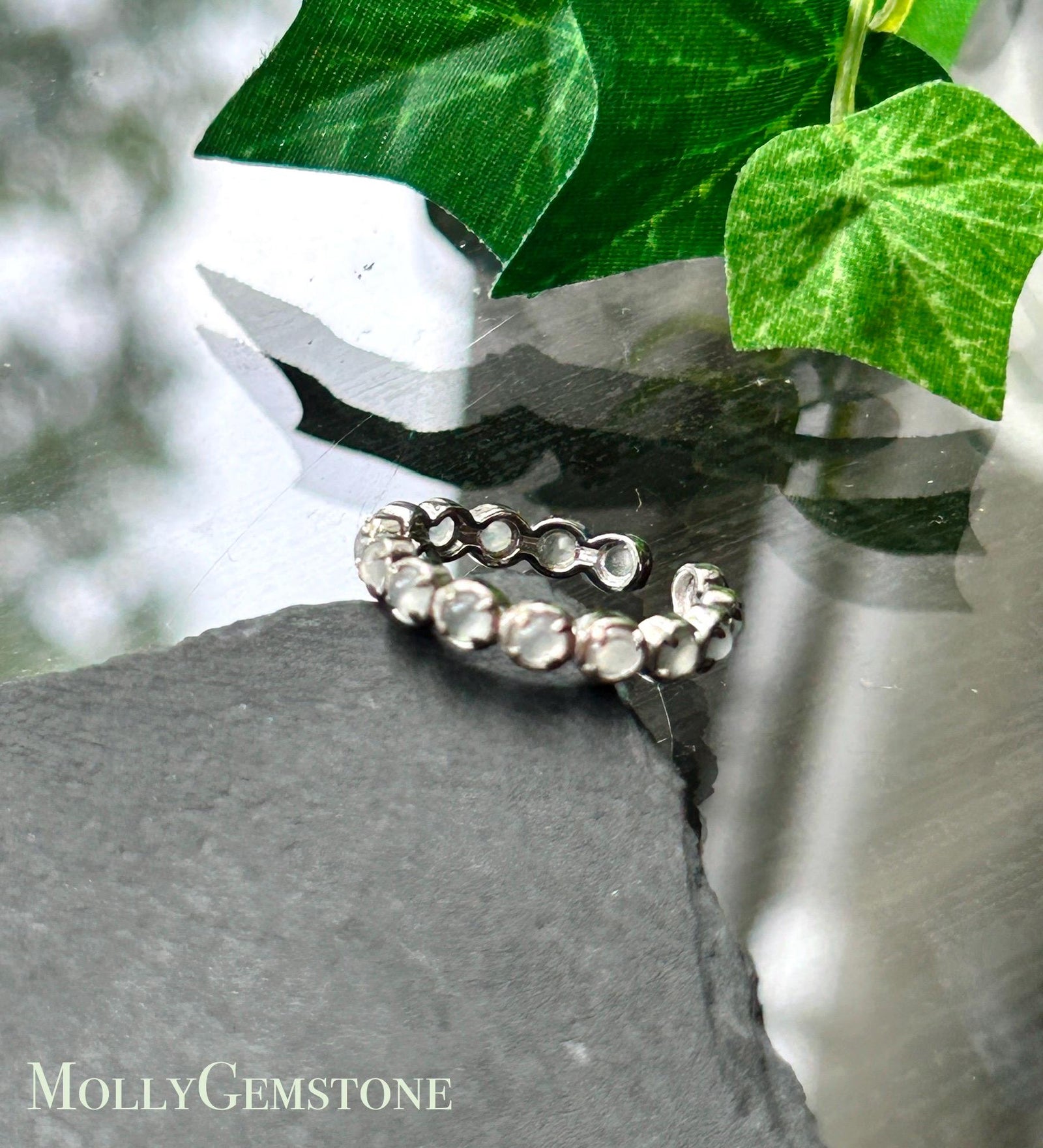 Certified Natural Jadeite Eternity Ring Burmese Type A Untreated Highly Translucent Icy White Multiple Cabochon Jade | Sterling Silver