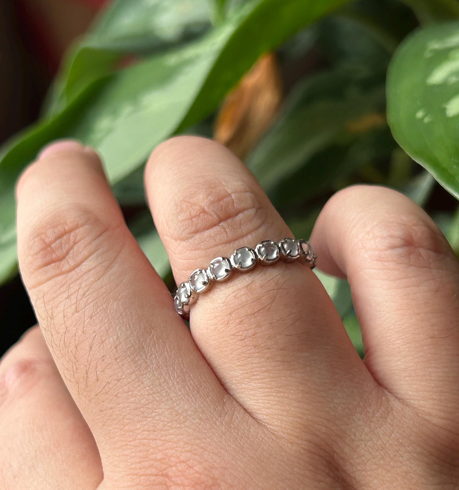 Certified Natural Jadeite Eternity Ring Burmese Type A Untreated Highly Translucent Icy White Multiple Cabochon Jade | Sterling Silver