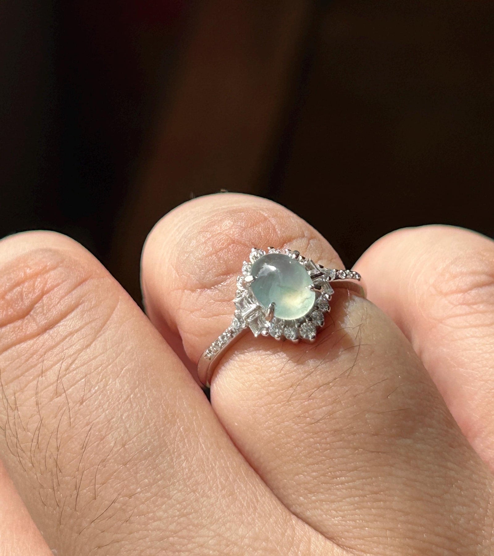 Certified Natural Jadeite Cabochon Ring Burmese Type A Highly Translucent Icy Soft Blue & Green Floral Jade | Sterling Silver