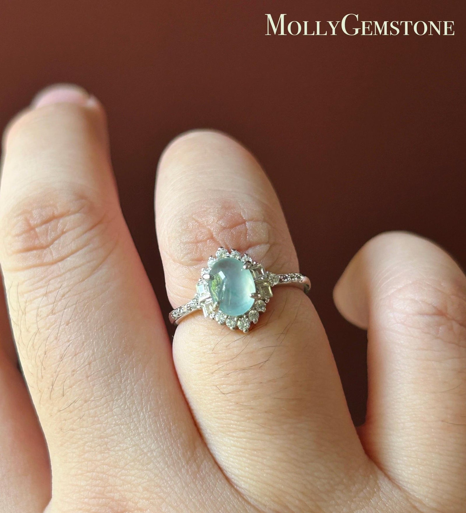 Certified Natural Jadeite Cabochon Ring Burmese Type A Highly Translucent Icy Soft Blue & Green Floral Jade | Sterling Silver