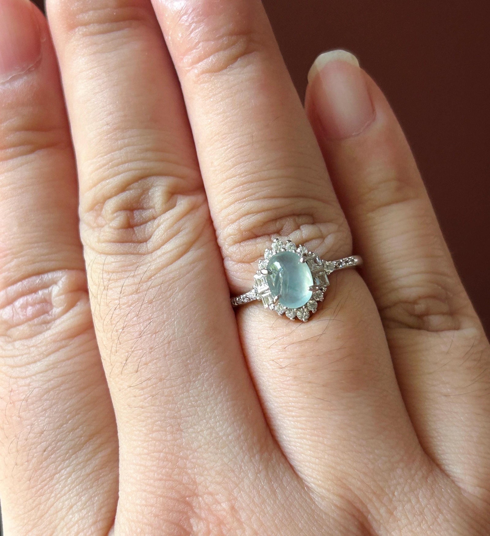 Certified Natural Jadeite Cabochon Ring Burmese Type A Highly Translucent Icy Soft Blue & Green Floral Jade | Sterling Silver