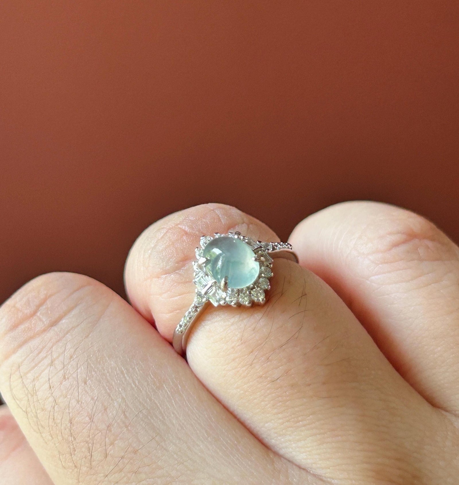 Certified Natural Jadeite Cabochon Ring Burmese Type A Highly Translucent Icy Soft Blue & Green Floral Jade | Sterling Silver