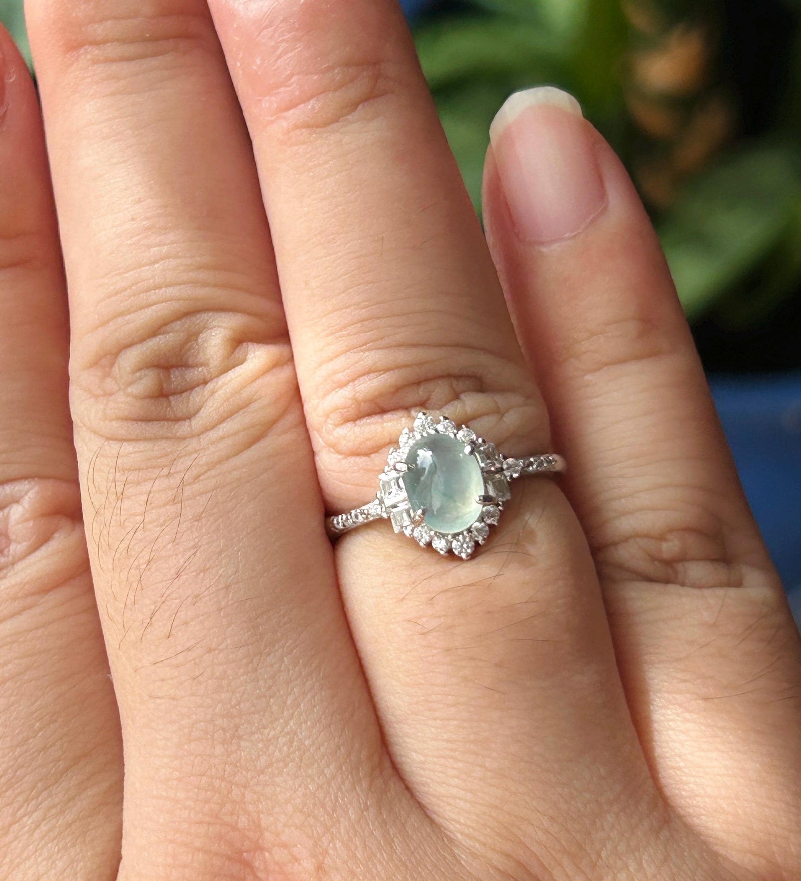 Certified Natural Jadeite Cabochon Ring Burmese Type A Highly Translucent Icy Soft Blue & Green Floral Jade | Sterling Silver