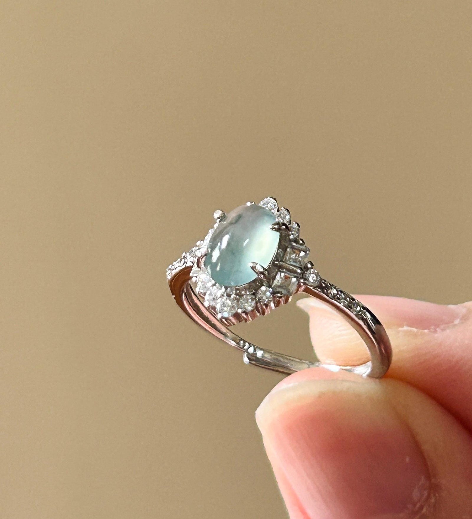 Certified Natural Jadeite Cabochon Ring Burmese Type A Highly Translucent Icy Soft Blue & Green Floral Jade | Sterling Silver