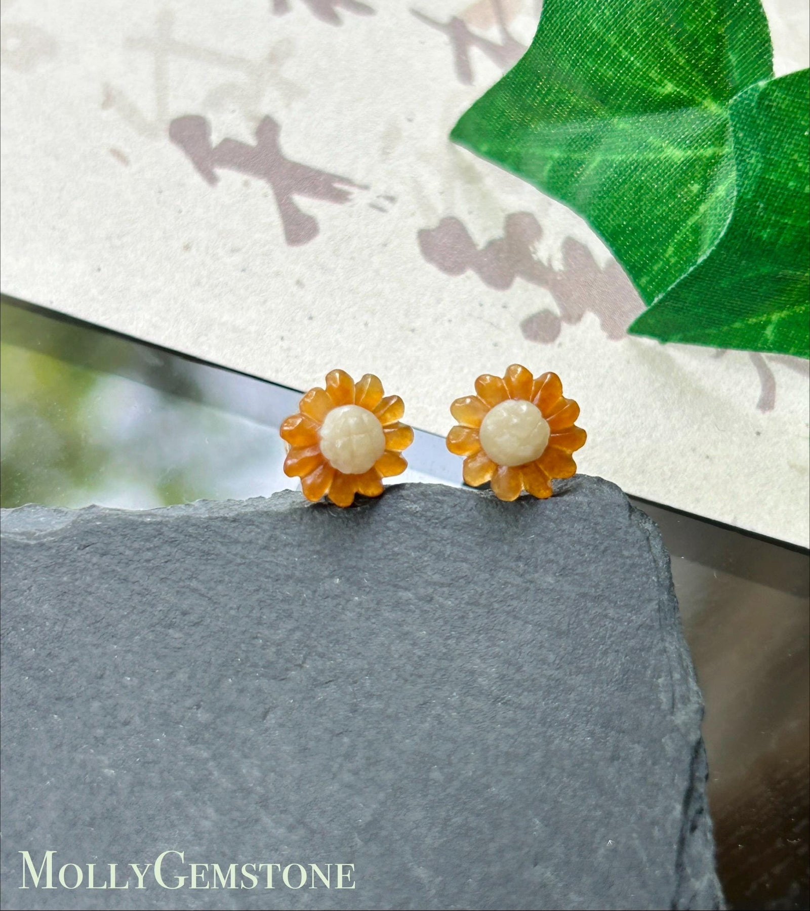 Certified Natural Jadeite Sun Flower Stud Earrings| Handcarved Burmese Type A Translucent Icy Red & Light Yellow Jade, 18k Solid Gold