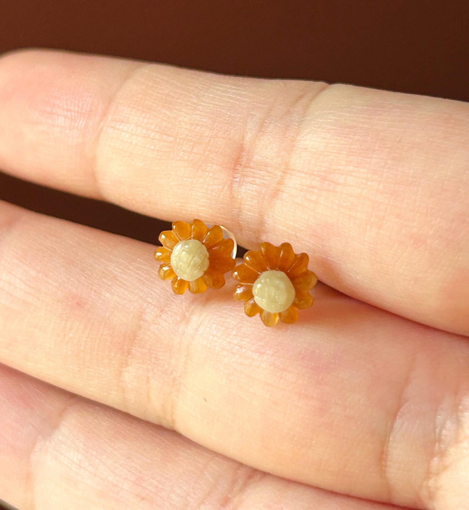 Certified Natural Jadeite Sun Flower Stud Earrings| Handcarved Burmese Type A Translucent Icy Red & Light Yellow Jade, 18k Solid Gold
