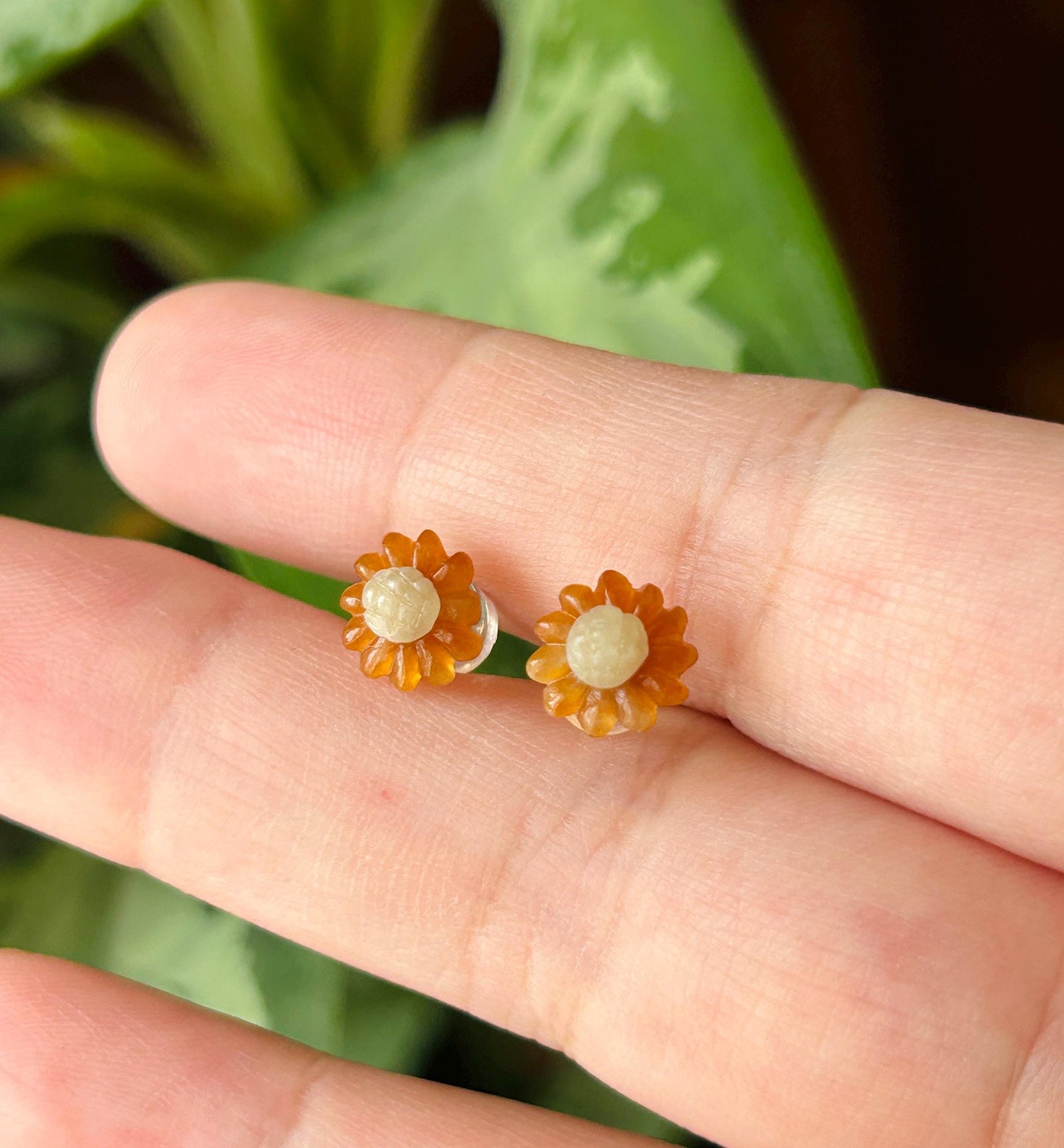 Certified Natural Jadeite Sun Flower Stud Earrings| Handcarved Burmese Type A Translucent Icy Red & Light Yellow Jade, 18k Solid Gold