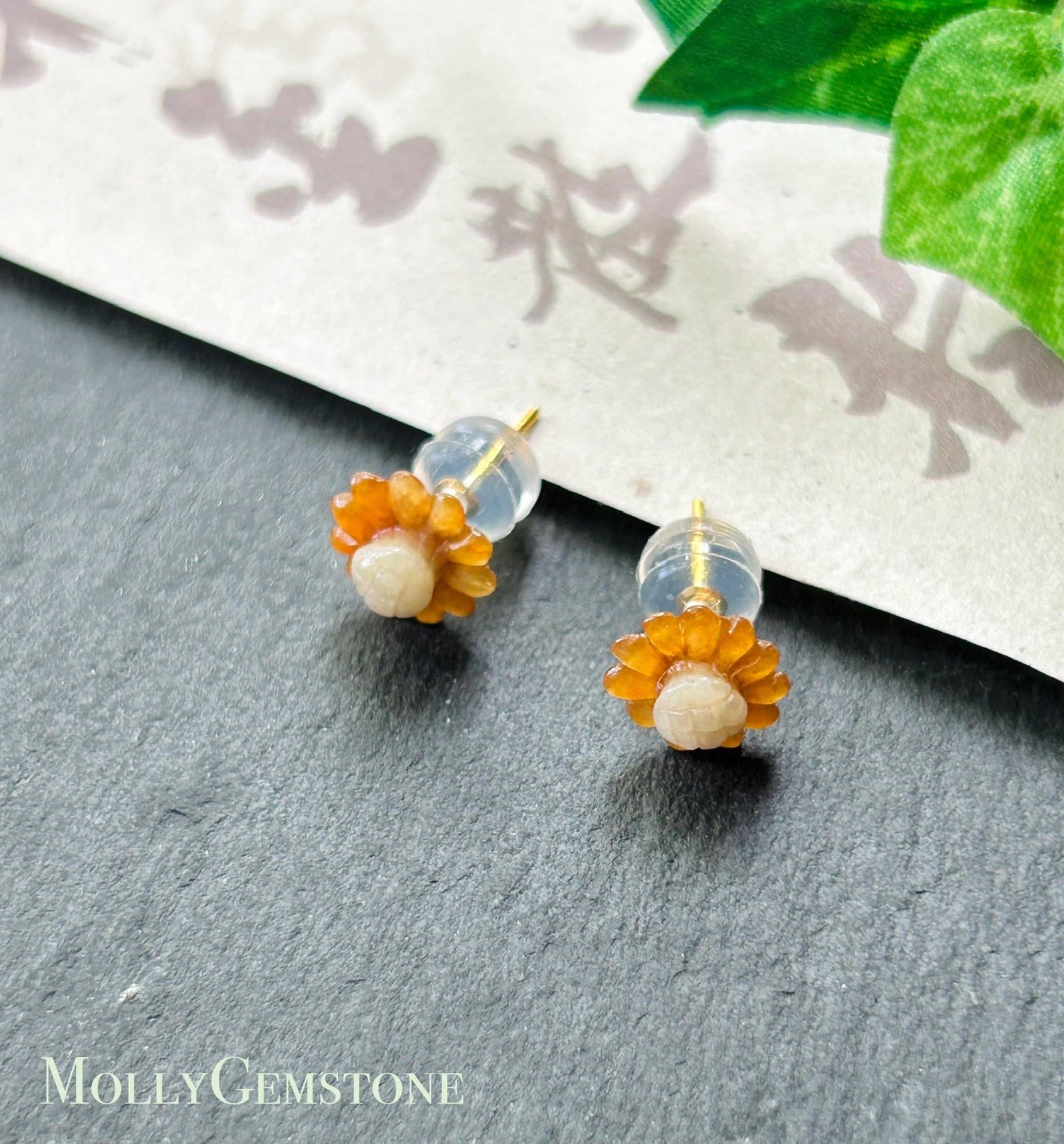 Certified Natural Jadeite Sun Flower Stud Earrings| Handcarved Burmese Type A Translucent Icy Red & Light Yellow Jade, 18k Solid Gold